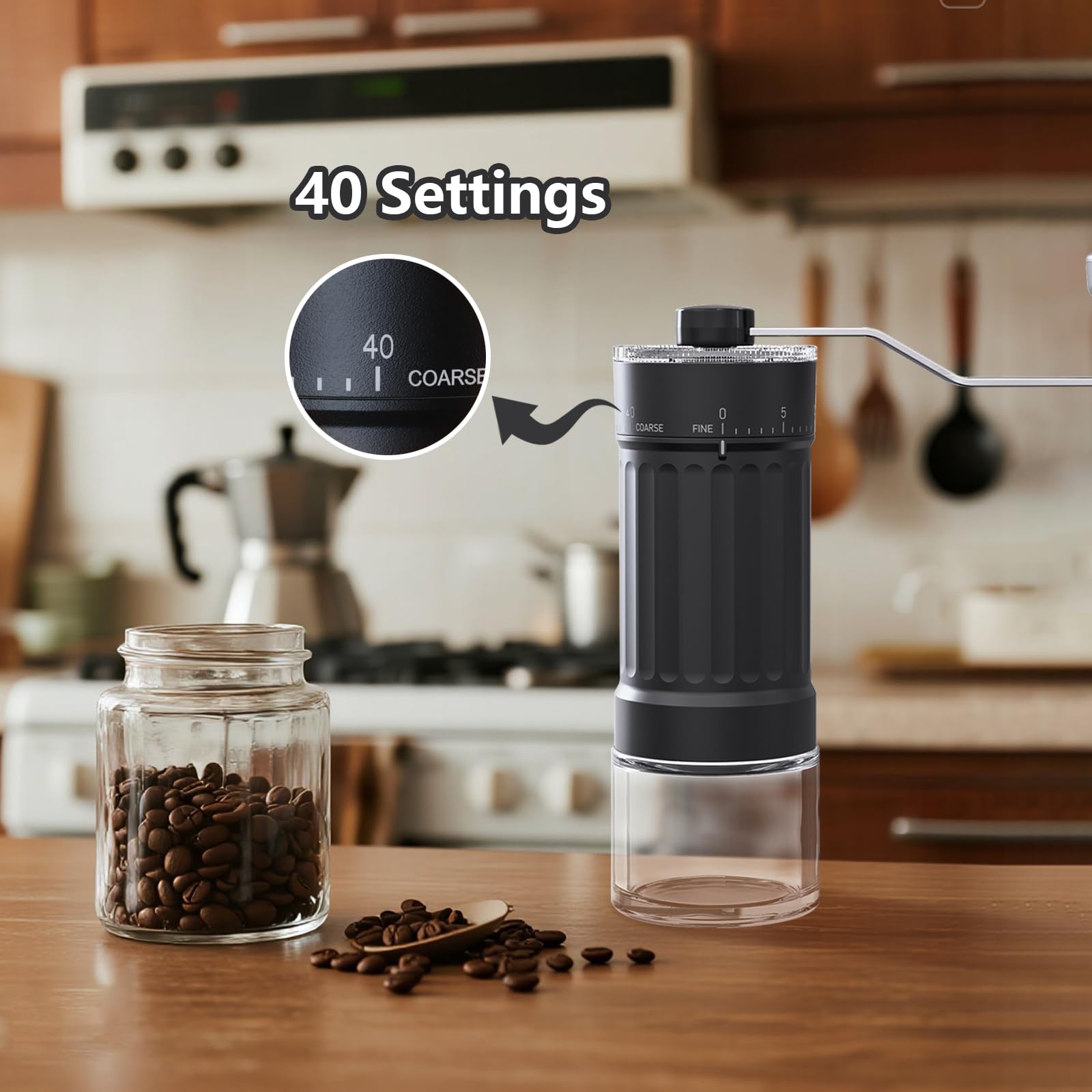 Manual Coffee Grinder 30g Capacity, Coffee Bean Hand Grinder with 40 Adjustable Settings for French Press, Drip, Espresso, Moka pots