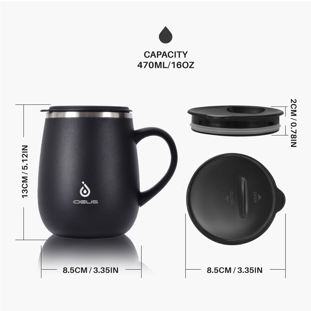 Ideus 16oz Insulated Coffee Mug with Handle & Lid – Double Wall Stainless Steel Vacuum Tumbler | Travel Coffee Cup for Home & Office | Leopard Black