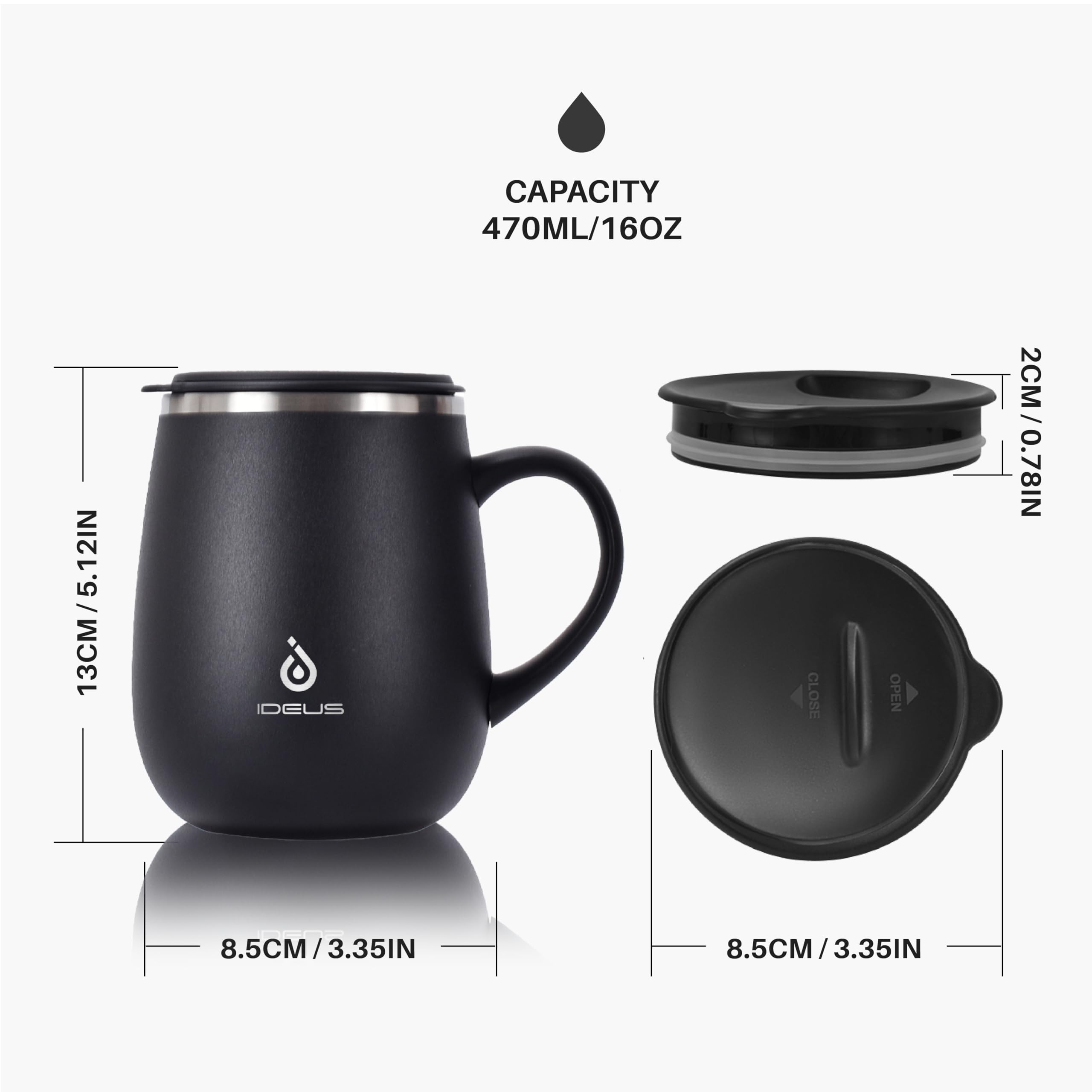 Ideus 16oz Insulated Coffee Mug with Handle & Lid – Double Wall Stainless Steel Vacuum Tumbler | Travel Coffee Cup for Home & Office | Leopard Black
