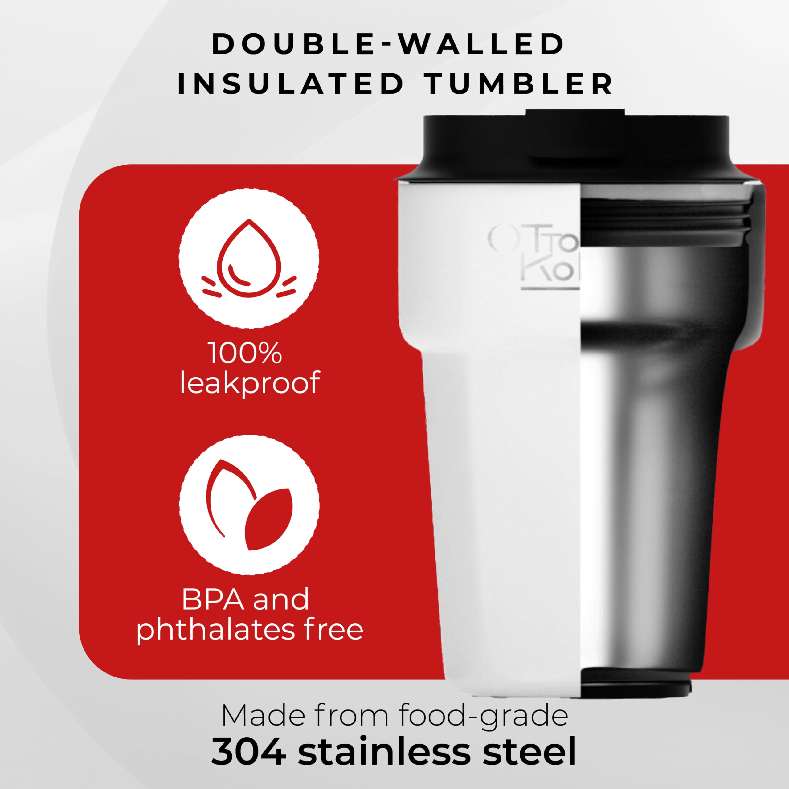 Otto Koning Travel Mug 12oz (350ml)- Leakproof Stainless Steel Coffee Cup | Thermal Flask for Hot Drinks (4h) | Fits Car Holder, BPA Free & Anti-Slip | The Smart Choice for Commute