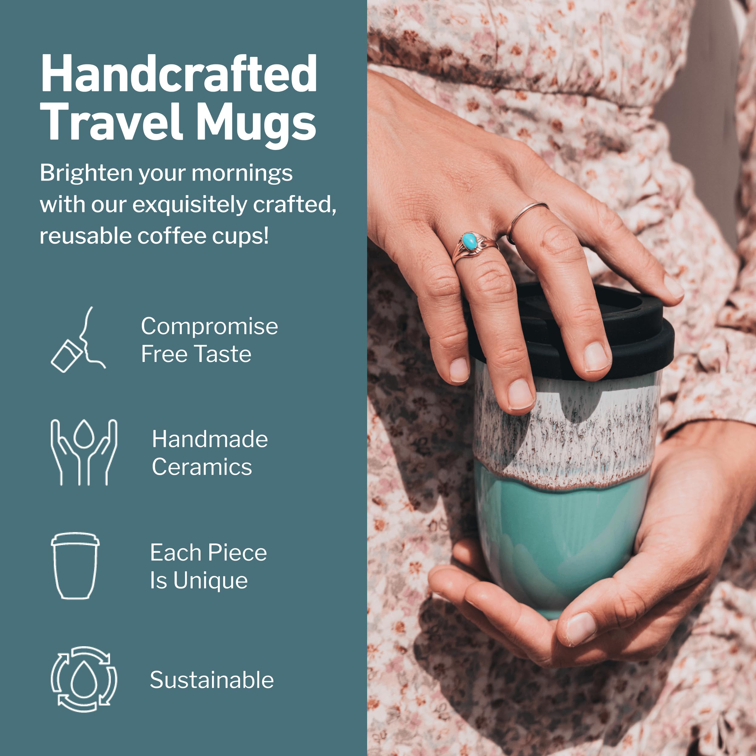NOVA CERAMICS Ceramic Travel Mug with Lid – Microwave & Dishwasher Safe | 12oz Travel Coffee Mug | Monsoon