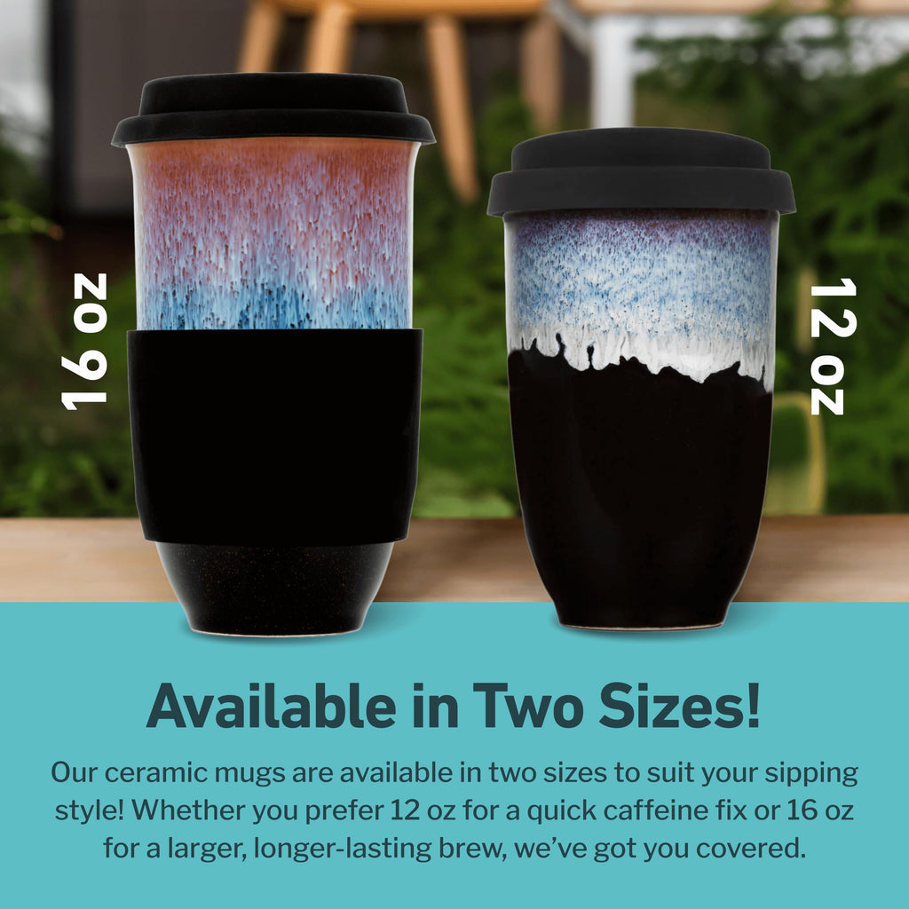 NOVA CERAMICS Ceramic Travel Mug with Lid – Microwave & Dishwasher Safe | 12oz Travel Coffee Mug | Monsoon