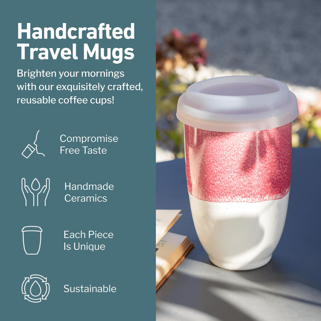 NOVA CERAMICS Ceramic Travel Mug with Lid – Microwave & Dishwasher Safe | 12oz Travel Coffee Mug | Monsoon