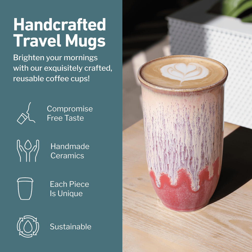 NOVA CERAMICS Ceramic Travel Mug with Lid – Microwave & Dishwasher Safe | 12oz Travel Coffee Mug | Monsoon