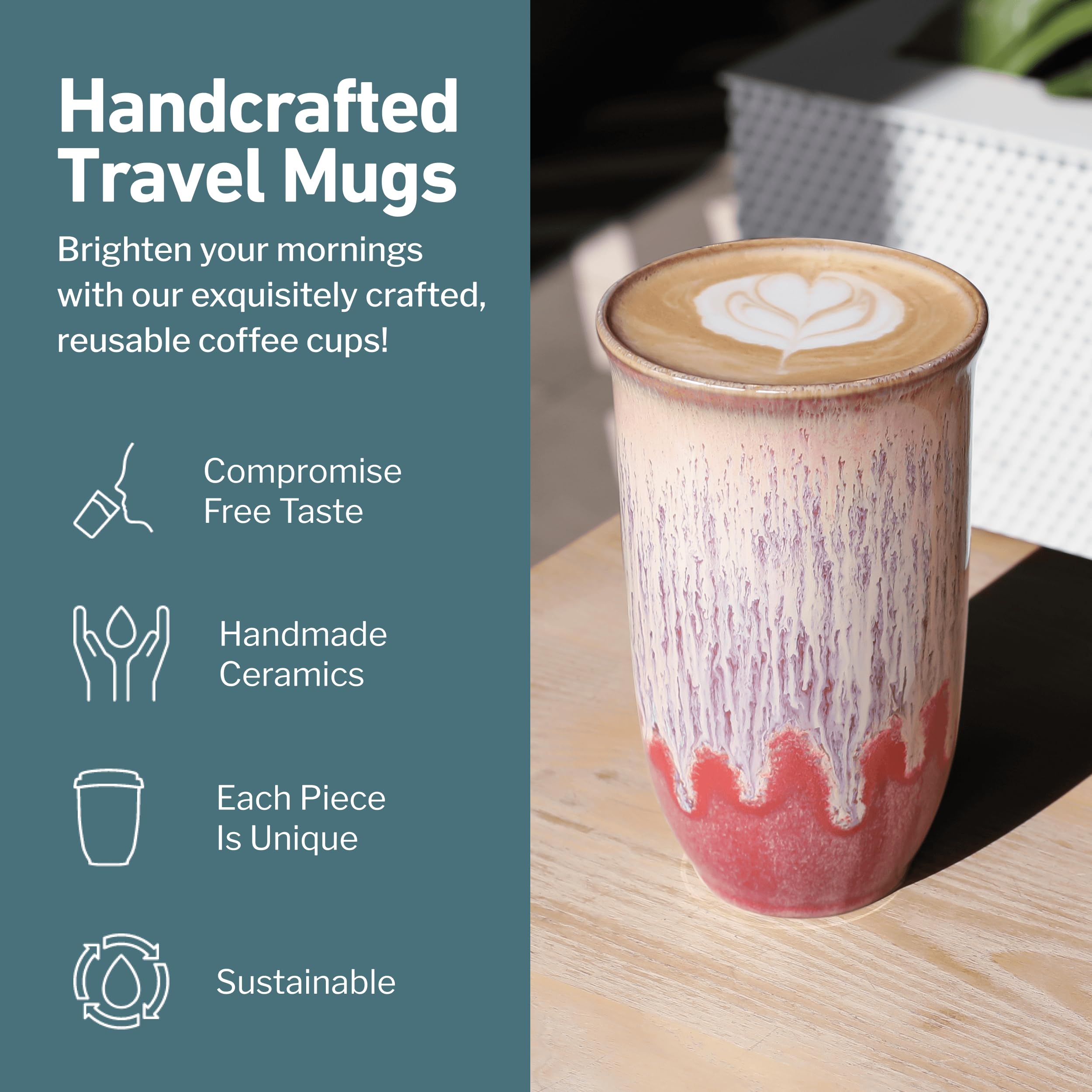 NOVA CERAMICS Ceramic Travel Mug with Lid – Microwave & Dishwasher Safe | 12oz Travel Coffee Mug | Monsoon