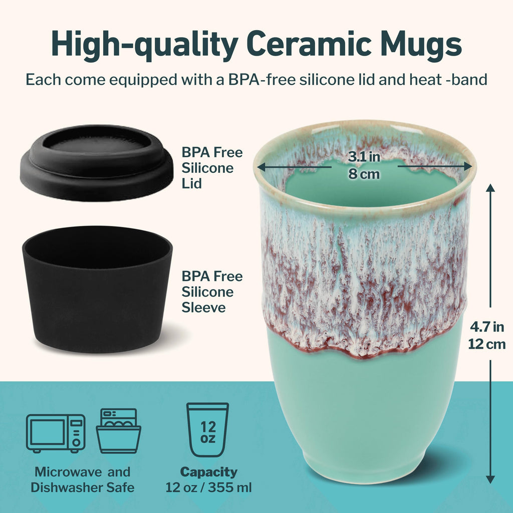 NOVA CERAMICS Ceramic Travel Mug with Lid – Microwave & Dishwasher Safe | 12oz Travel Coffee Mug | Monsoon