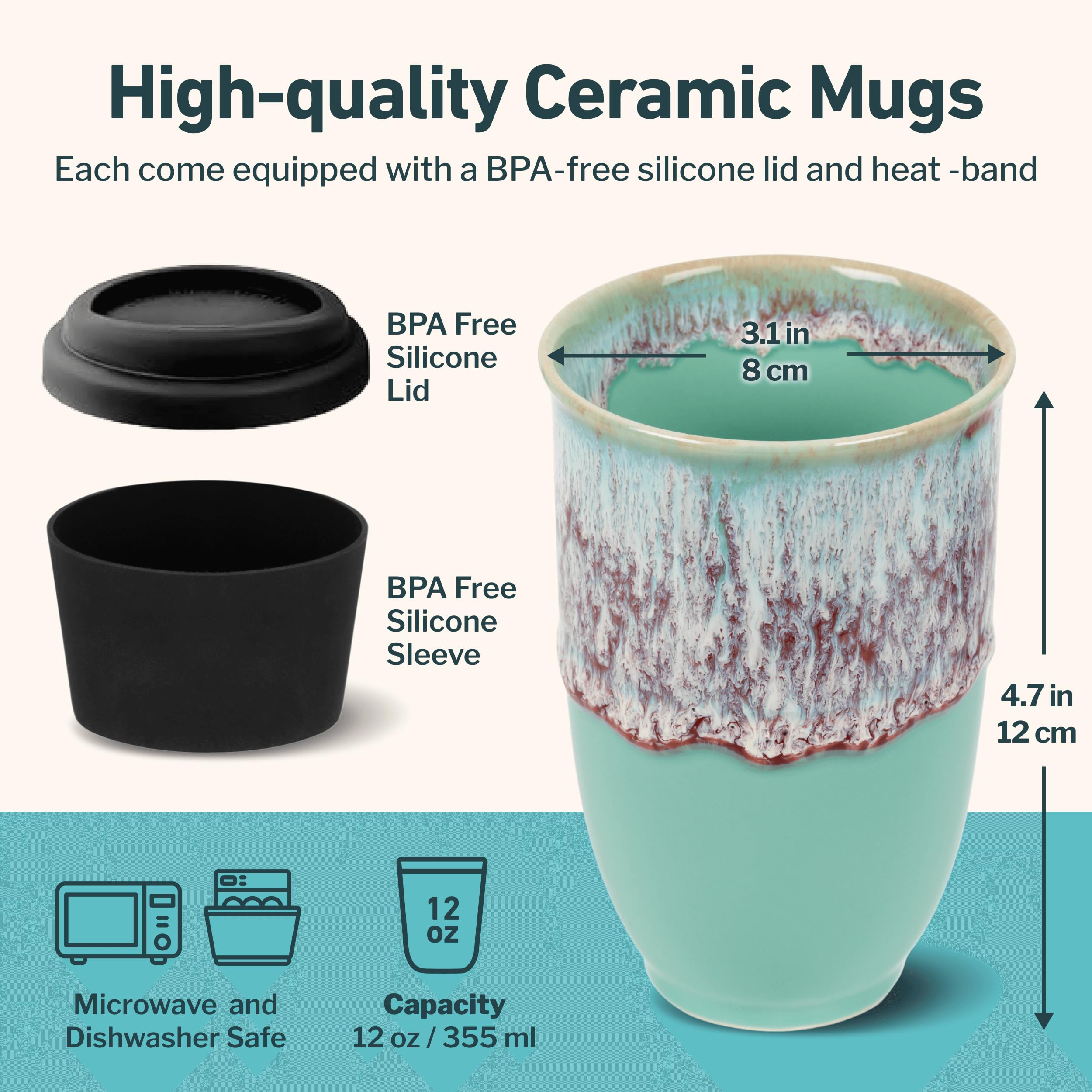 NOVA CERAMICS Ceramic Travel Mug with Lid – Microwave & Dishwasher Safe | 12oz Travel Coffee Mug | Monsoon