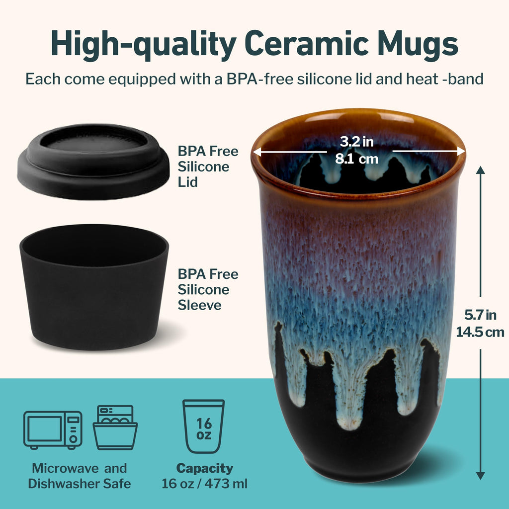 NOVA CERAMICS Ceramic Travel Mug with Lid – Microwave & Dishwasher Safe | 12oz Travel Coffee Mug | Monsoon