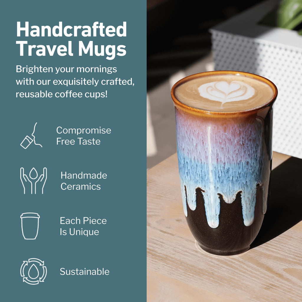 NOVA CERAMICS Ceramic Travel Mug with Lid – Microwave & Dishwasher Safe | 12oz Travel Coffee Mug | Monsoon