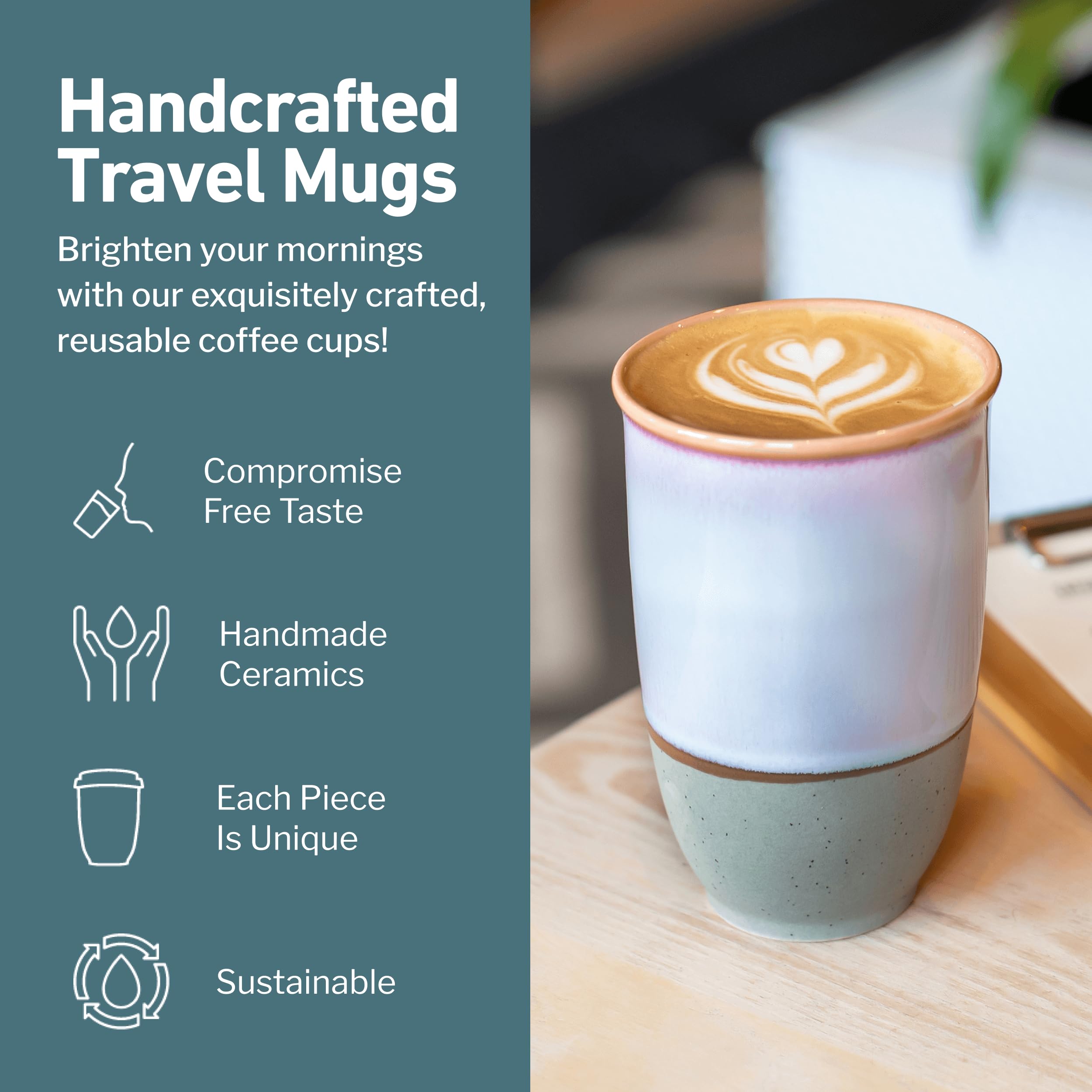 NOVA CERAMICS Ceramic Travel Mug with Lid – Microwave & Dishwasher Safe | 12oz Travel Coffee Mug | Monsoon