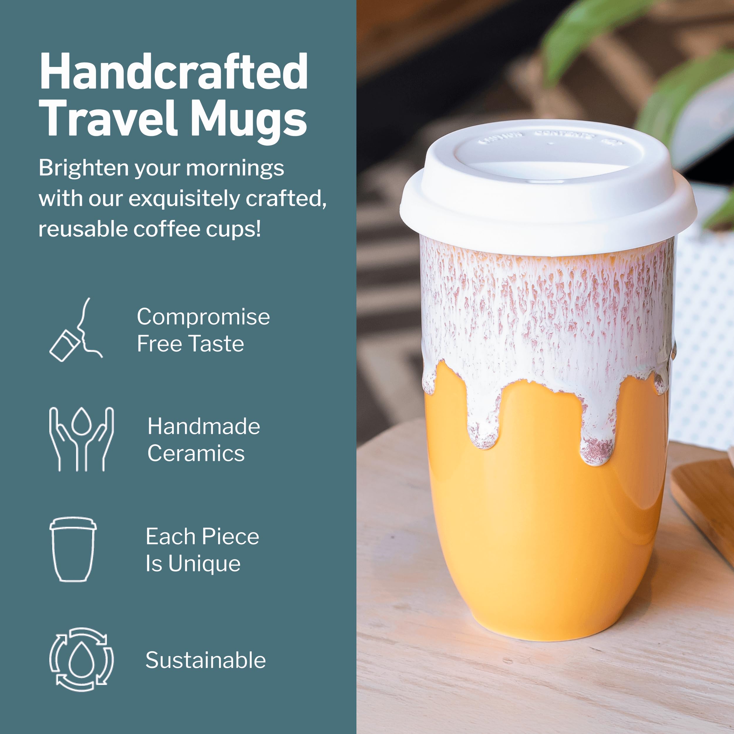 NOVA CERAMICS Ceramic Travel Mug with Lid – Microwave & Dishwasher Safe | 12oz Travel Coffee Mug | Monsoon