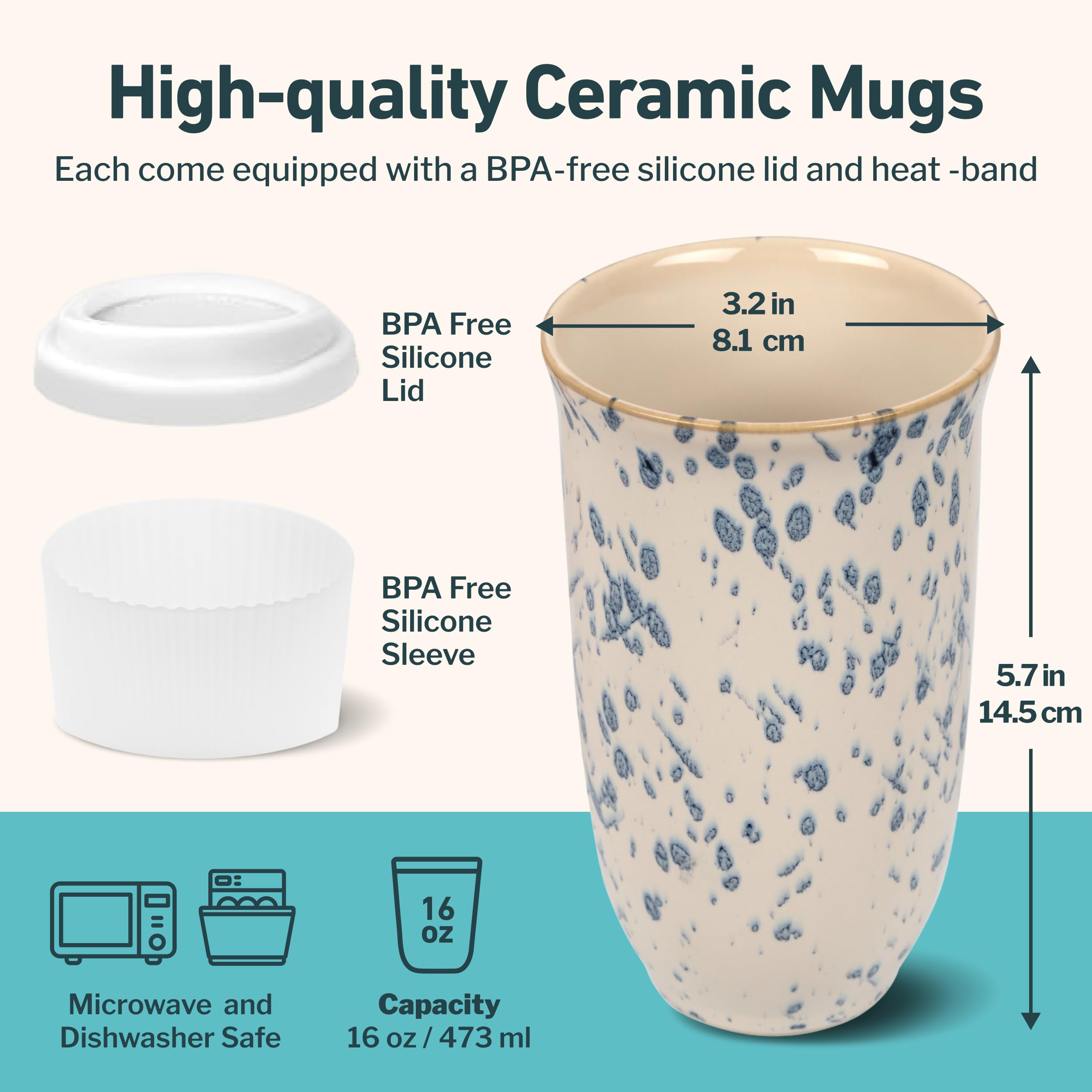 NOVA CERAMICS Ceramic Travel Mug with Lid – Microwave & Dishwasher Safe | 12oz Travel Coffee Mug | Monsoon