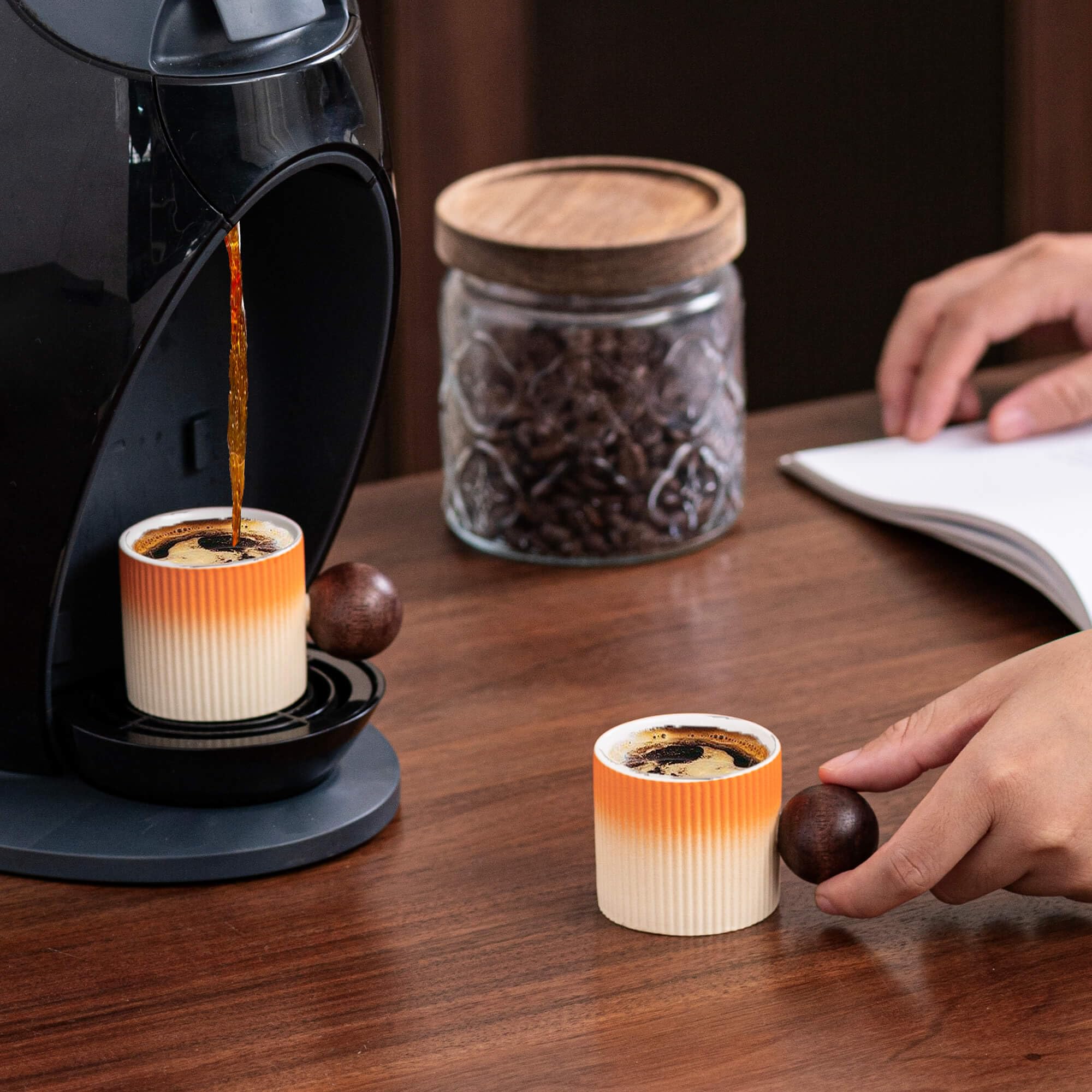 Mini Ceramic Espresso Cups with Wood Handle – 70ml (Set of 2)