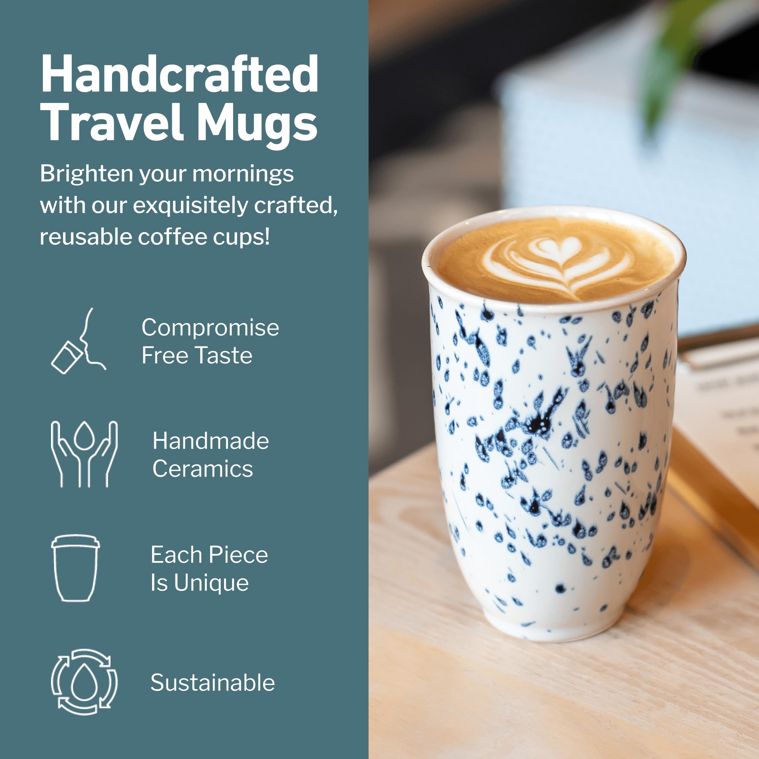 NOVA CERAMICS Ceramic Travel Mug with Lid – Microwave & Dishwasher Safe | 12oz Travel Coffee Mug | Monsoon