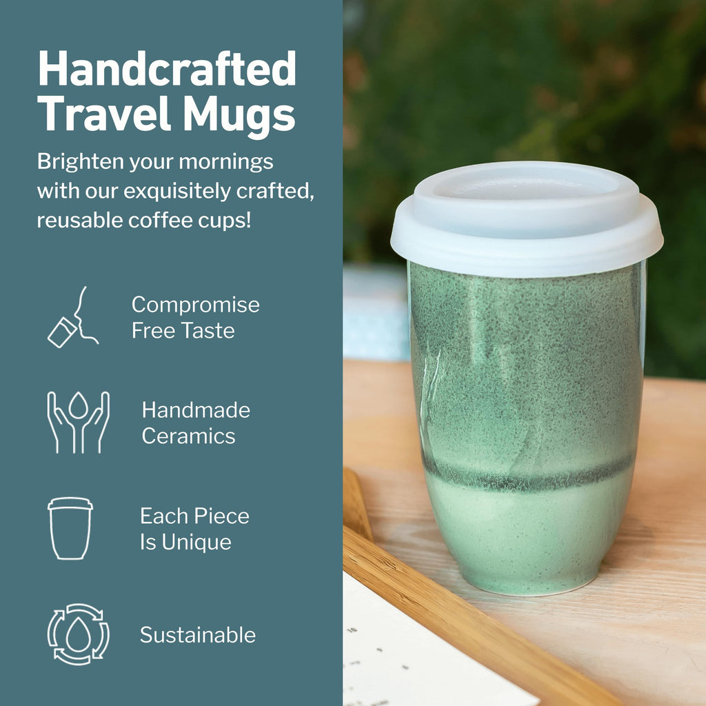 NOVA CERAMICS Ceramic Travel Mug with Lid – Microwave & Dishwasher Safe | 12oz Travel Coffee Mug | Monsoon