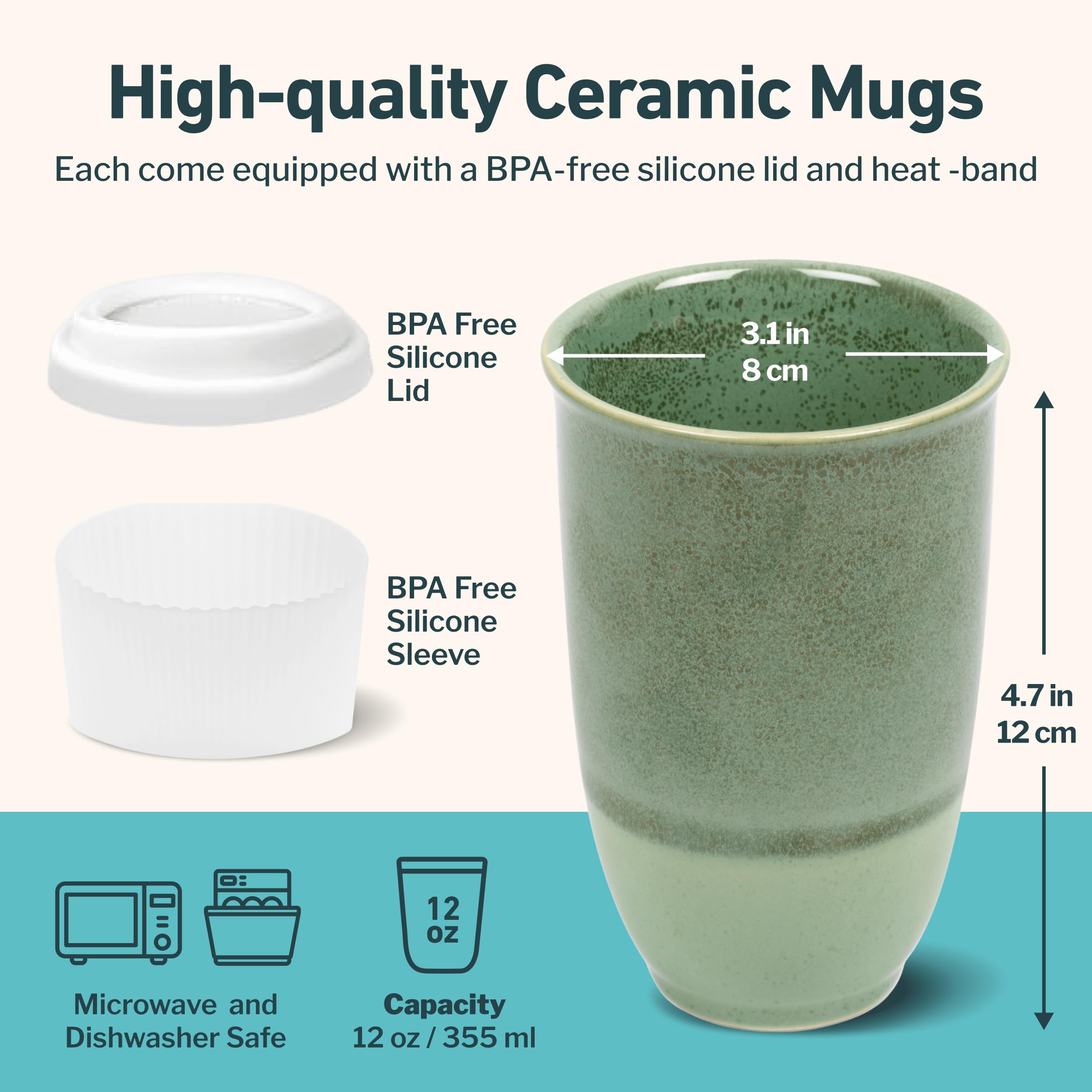 NOVA CERAMICS Ceramic Travel Mug with Lid – Microwave & Dishwasher Safe | 12oz Travel Coffee Mug | Monsoon