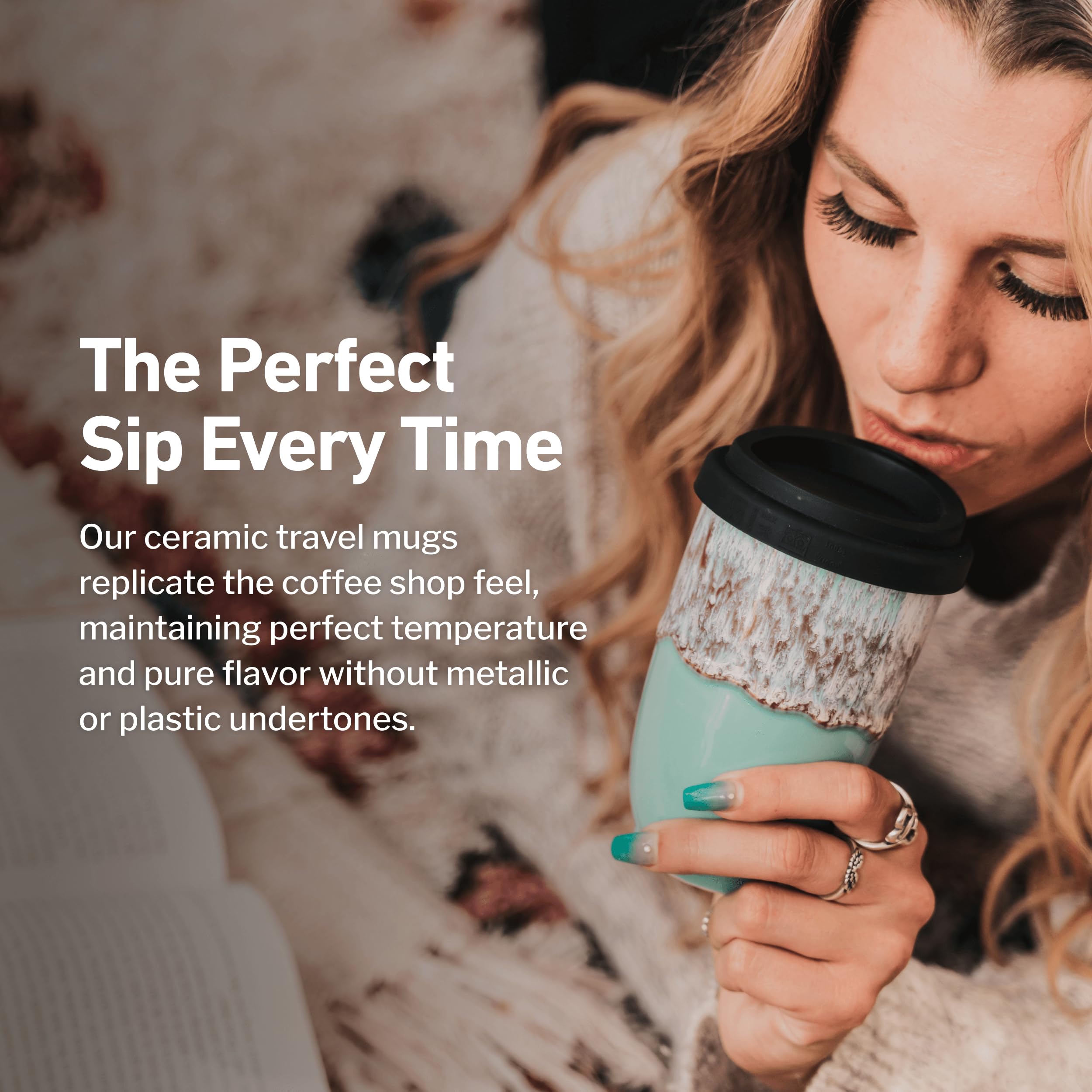NOVA CERAMICS Ceramic Travel Mug with Lid – Microwave & Dishwasher Safe | 12oz Travel Coffee Mug | Monsoon
