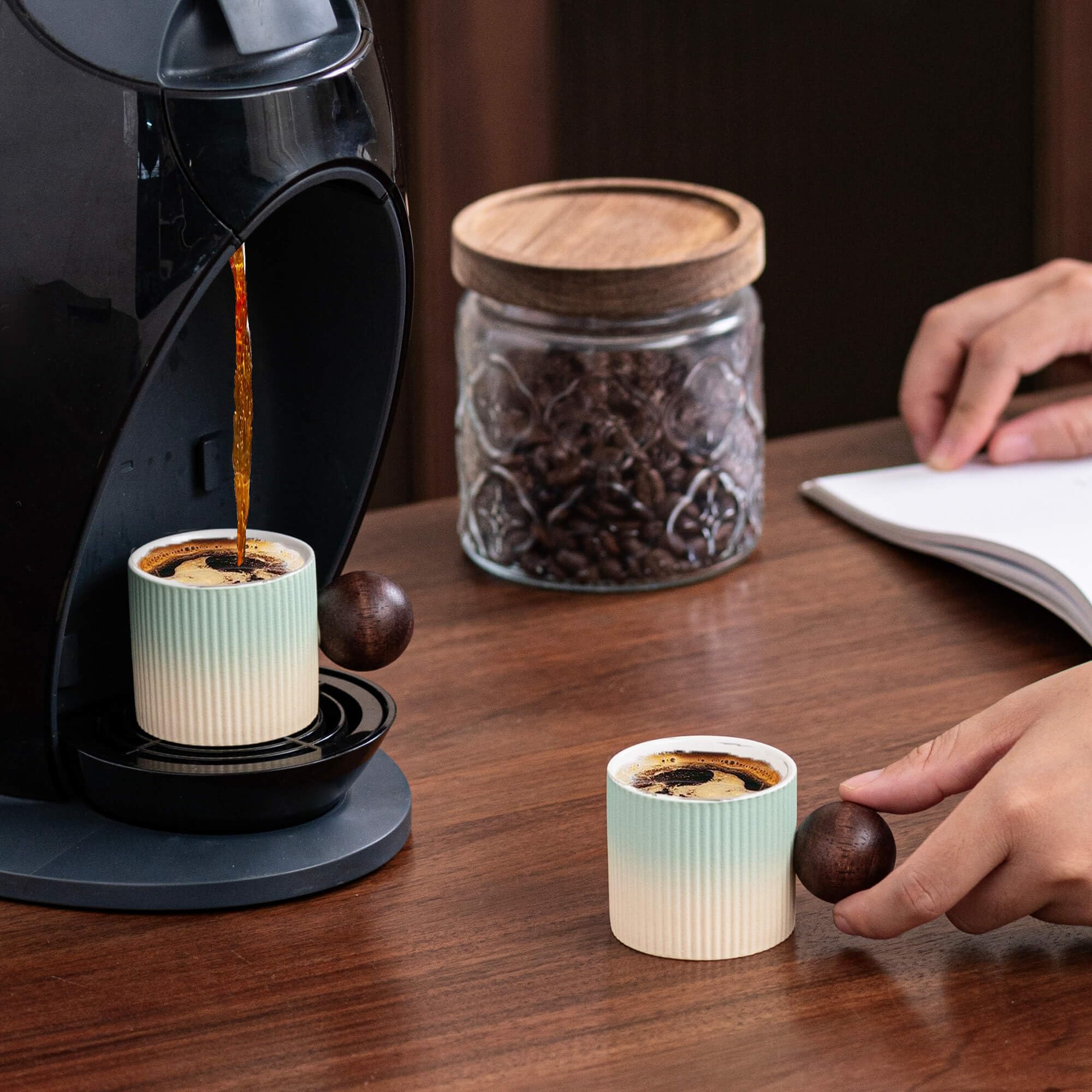 Mini Ceramic Espresso Cups with Wood Handle – 70ml (Set of 2)