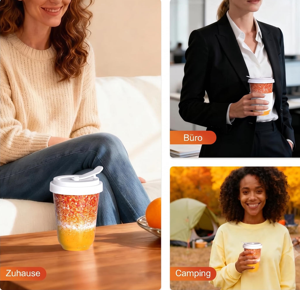 A promotional collage in German showing a reusable coffee cup in three lifestyle settings: at home, in an office, and camping. The top text reads 'VIELSEITIGE NUTZUNGSSZENARIEN'.
