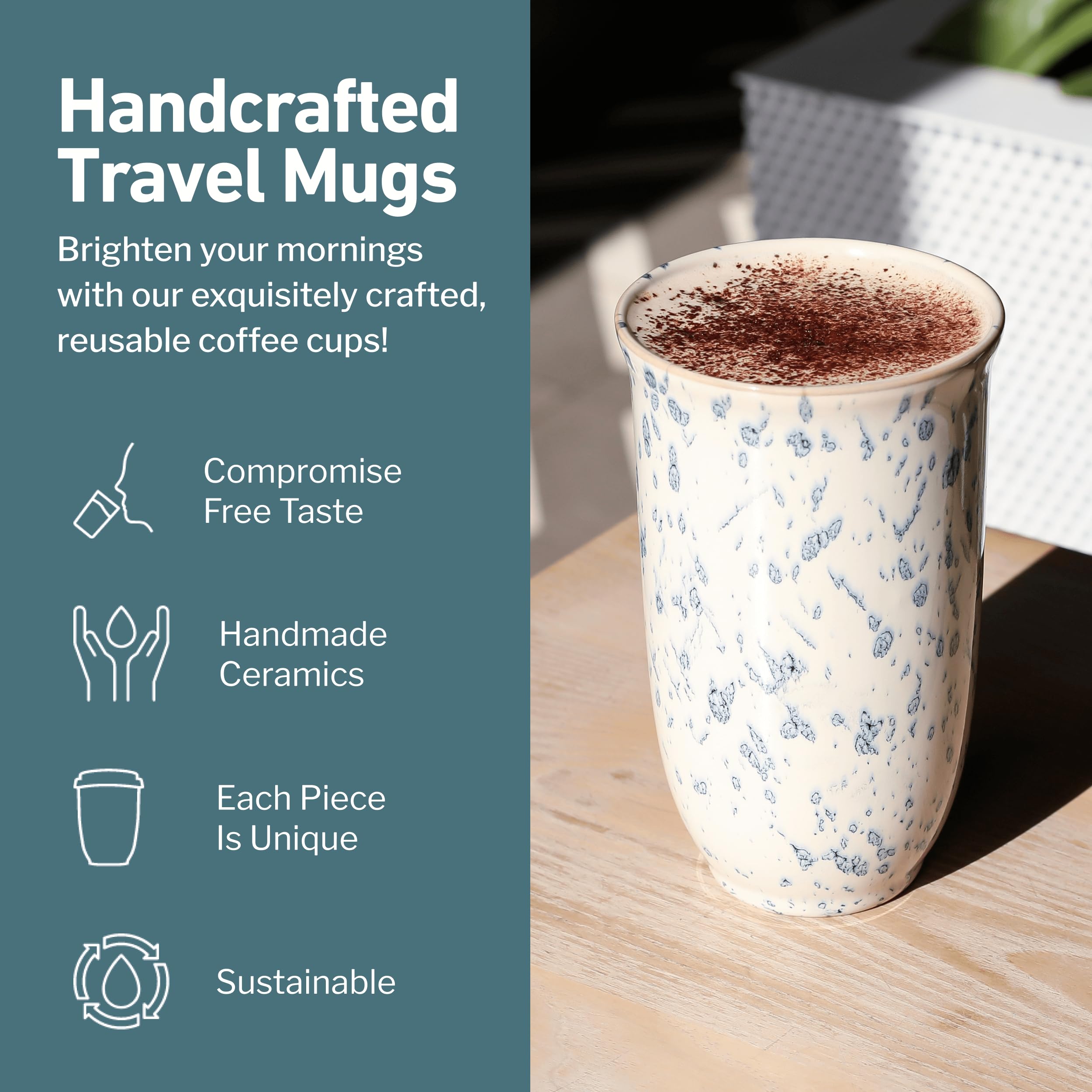 NOVA CERAMICS Ceramic Travel Mug with Lid – Microwave & Dishwasher Safe | 12oz Travel Coffee Mug | Monsoon