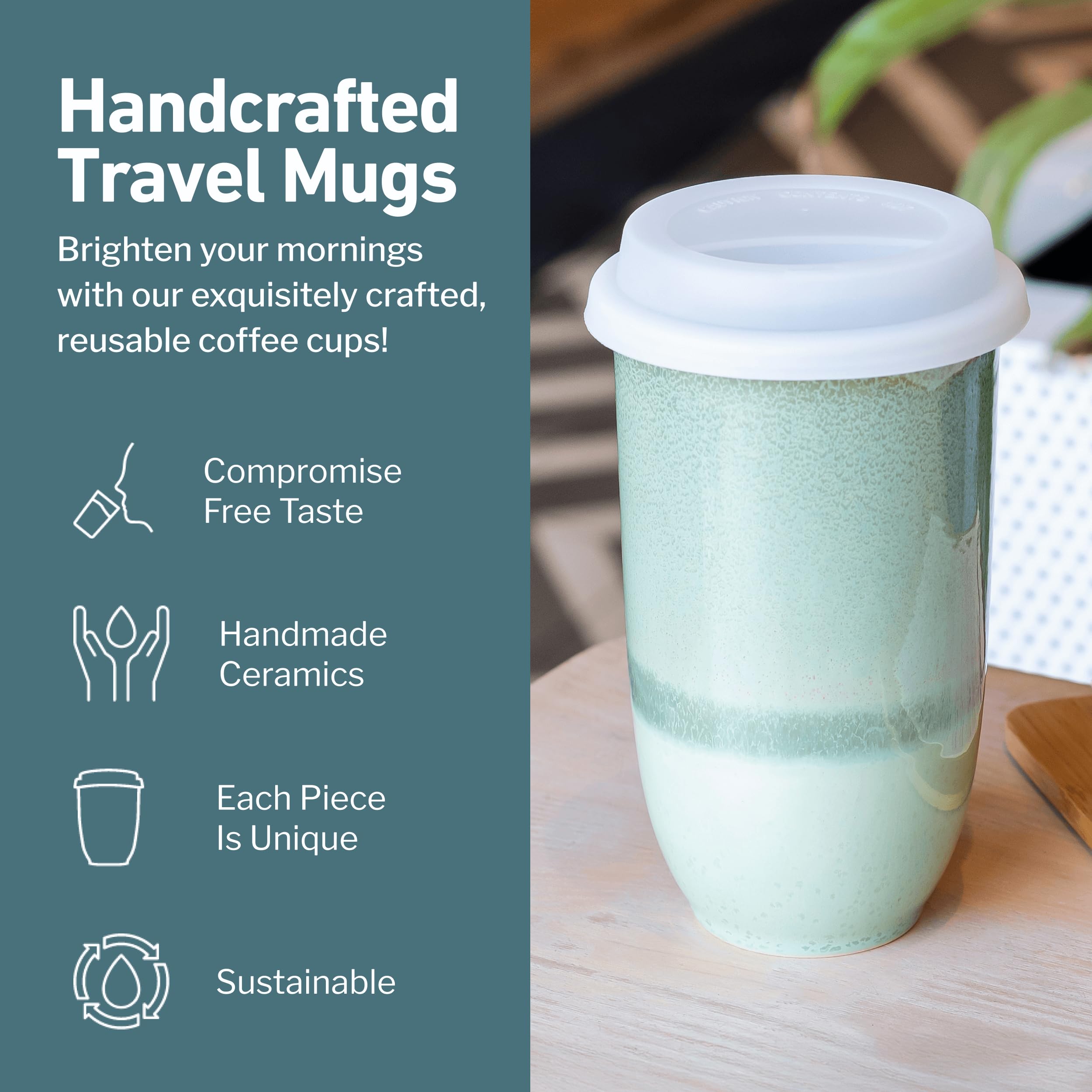 NOVA CERAMICS Ceramic Travel Mug with Lid – Microwave & Dishwasher Safe | 12oz Travel Coffee Mug | Monsoon