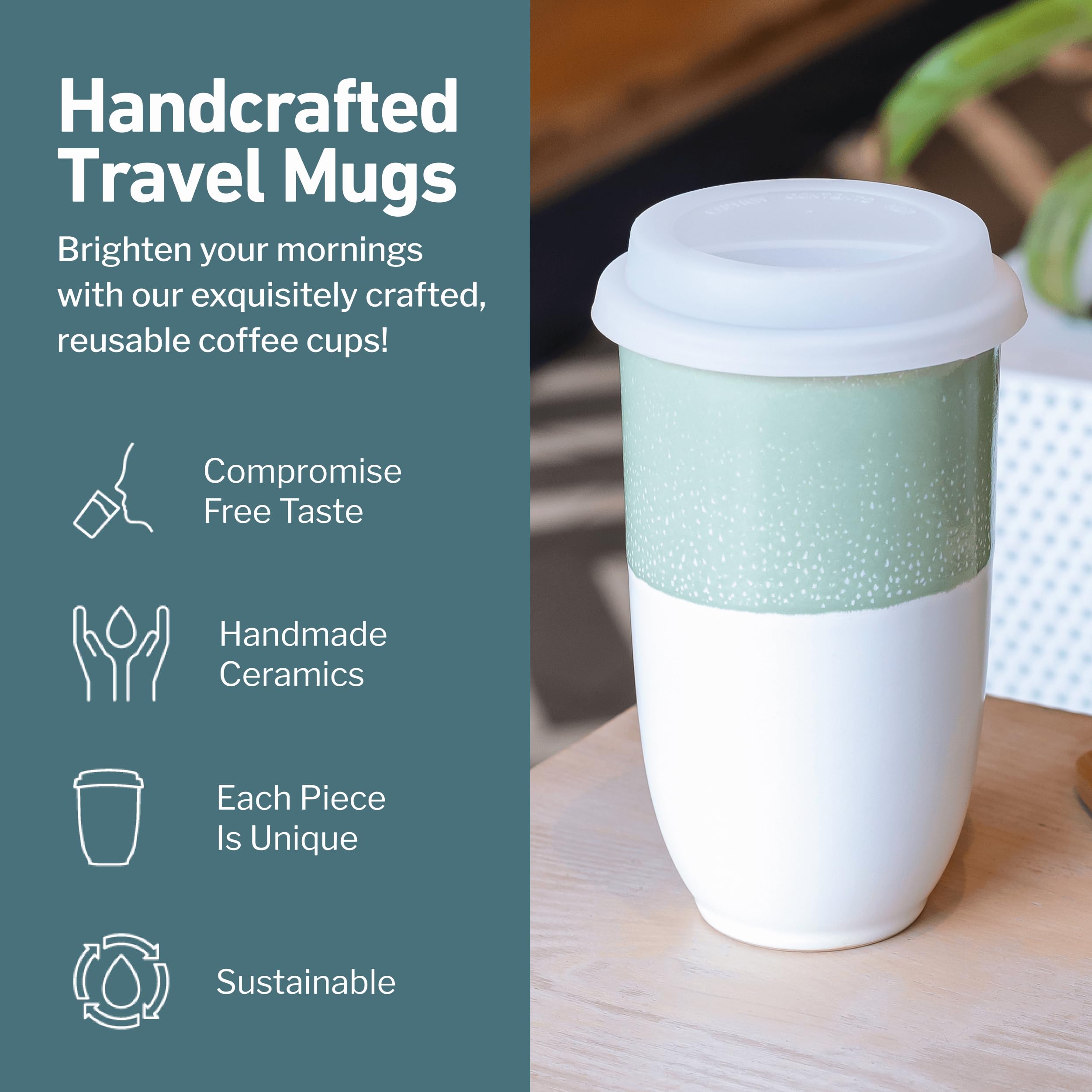 NOVA CERAMICS Ceramic Travel Mug with Lid – Microwave & Dishwasher Safe | 12oz Travel Coffee Mug | Monsoon
