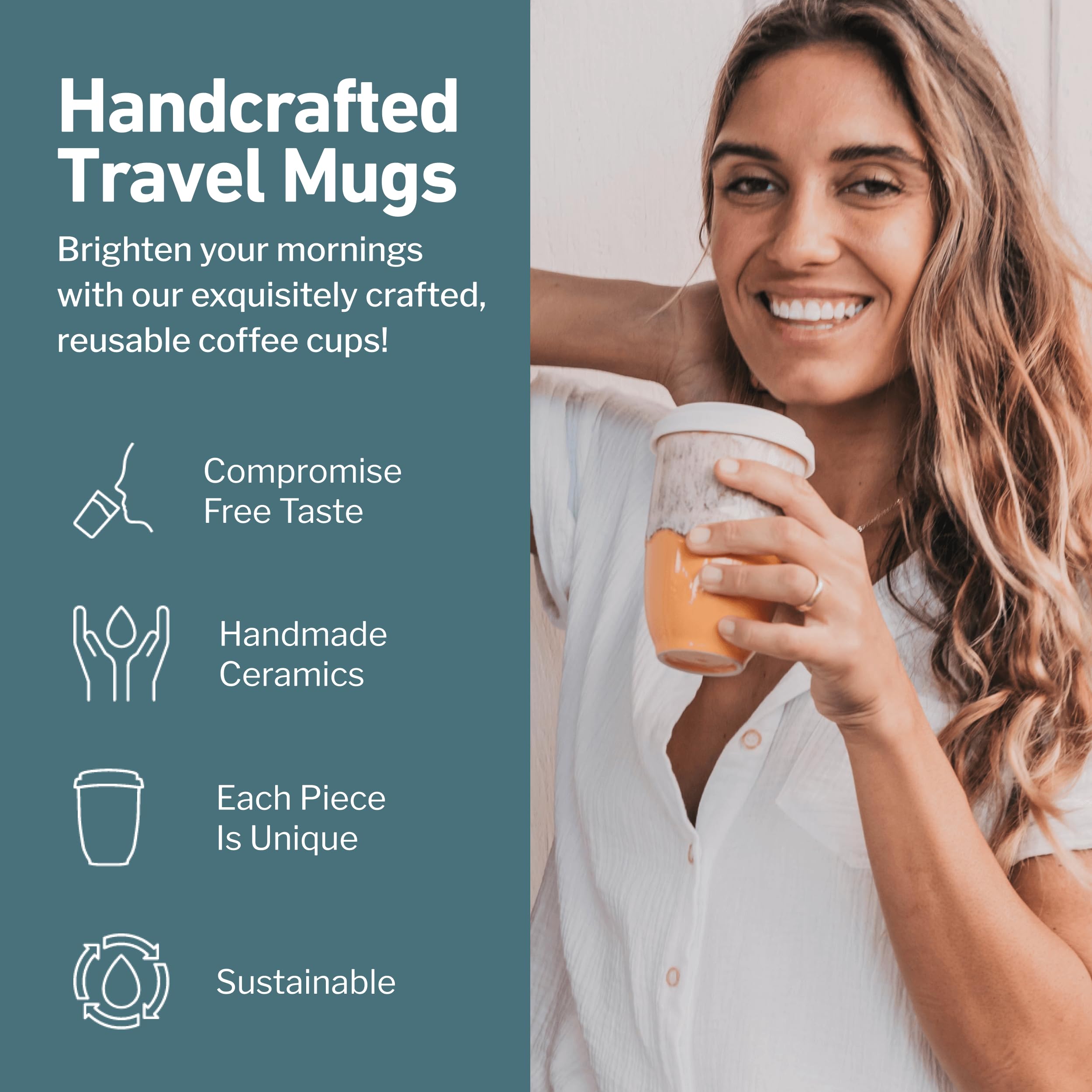 NOVA CERAMICS Ceramic Travel Mug with Lid – Microwave & Dishwasher Safe | 12oz Travel Coffee Mug | Monsoon
