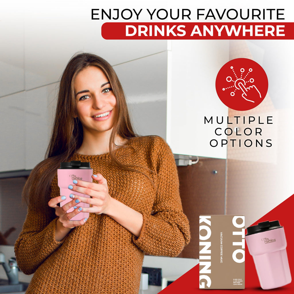 Otto Koning Travel Mug 12oz (350ml)- Leakproof Stainless Steel Coffee Cup | Thermal Flask for Hot Drinks (4h) | Fits Car Holder, BPA Free & Anti-Slip | The Smart Choice for Commute