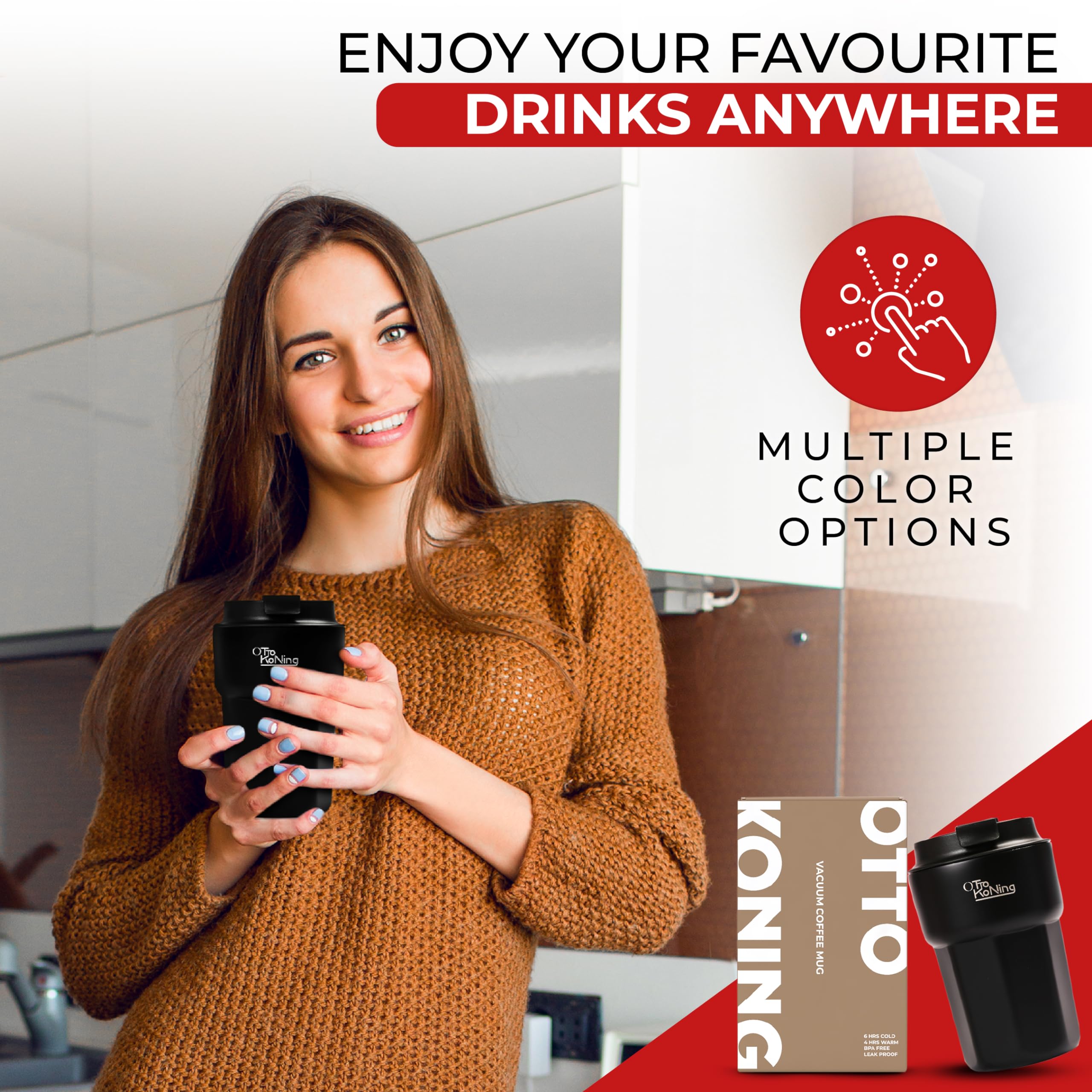 Otto Koning Travel Mug 12oz (350ml)- Leakproof Stainless Steel Coffee Cup | Thermal Flask for Hot Drinks (4h) | Fits Car Holder, BPA Free & Anti-Slip | The Smart Choice for Commute