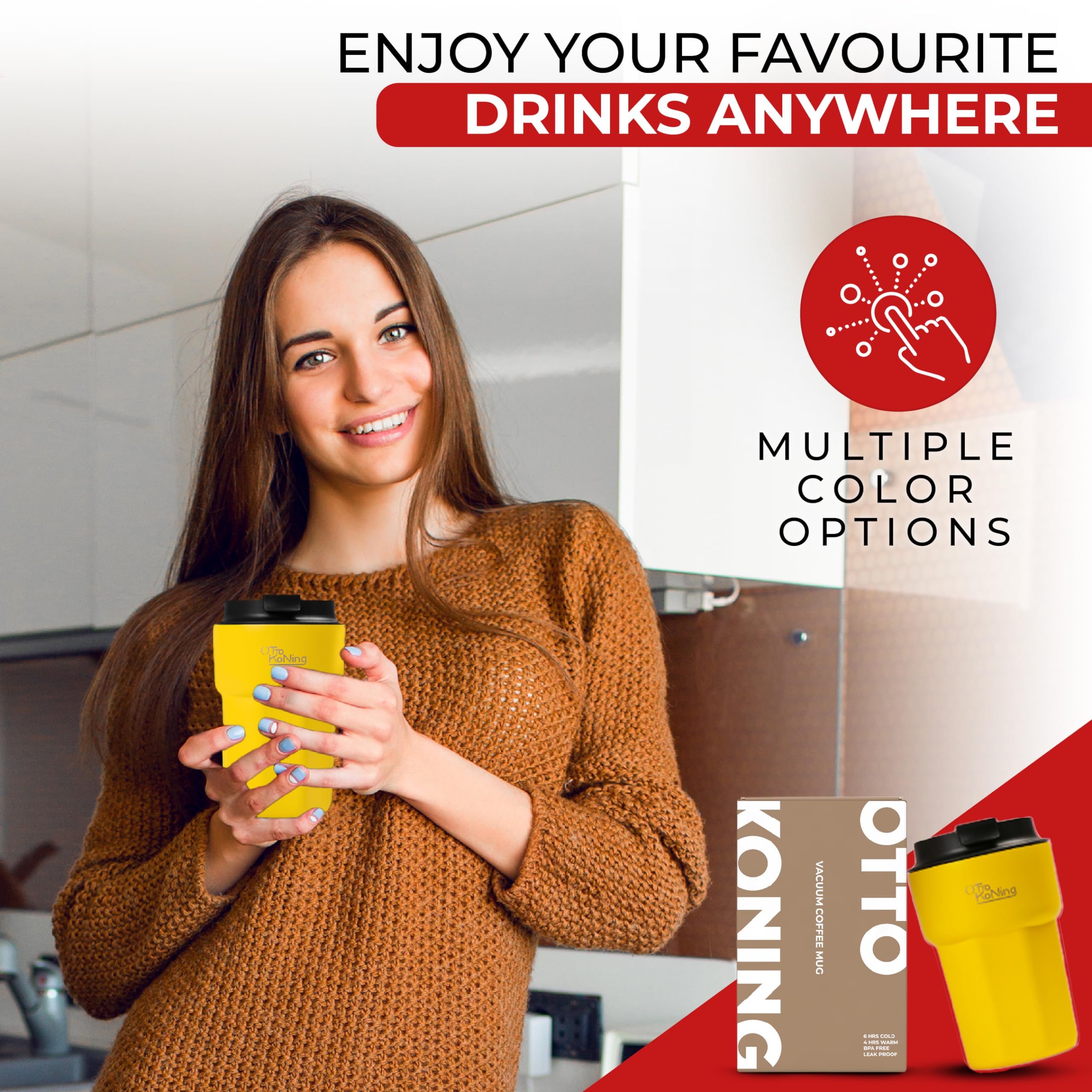 Otto Koning Travel Mug 12oz (350ml)- Leakproof Stainless Steel Coffee Cup | Thermal Flask for Hot Drinks (4h) | Fits Car Holder, BPA Free & Anti-Slip | The Smart Choice for Commute
