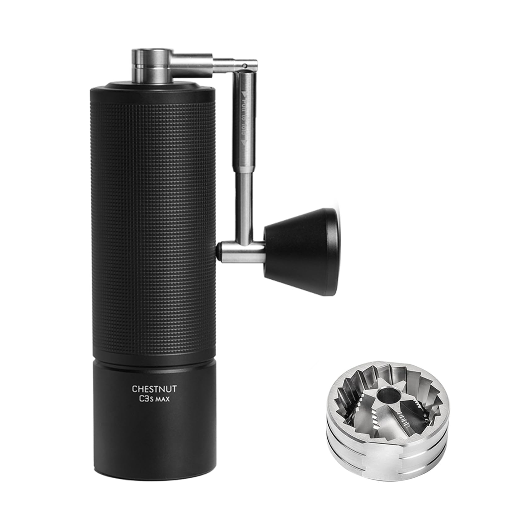 A manual coffee grinder in black and silver, shown alongside its metal burr chamber accessory on a plain white background. The brand name 'Chestnut' is visible on the lower section of the grinder.