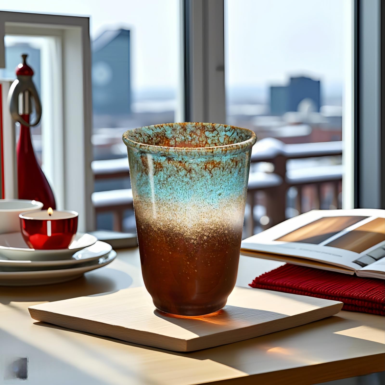 Decorative glass vase on a table with a candle and books in the background