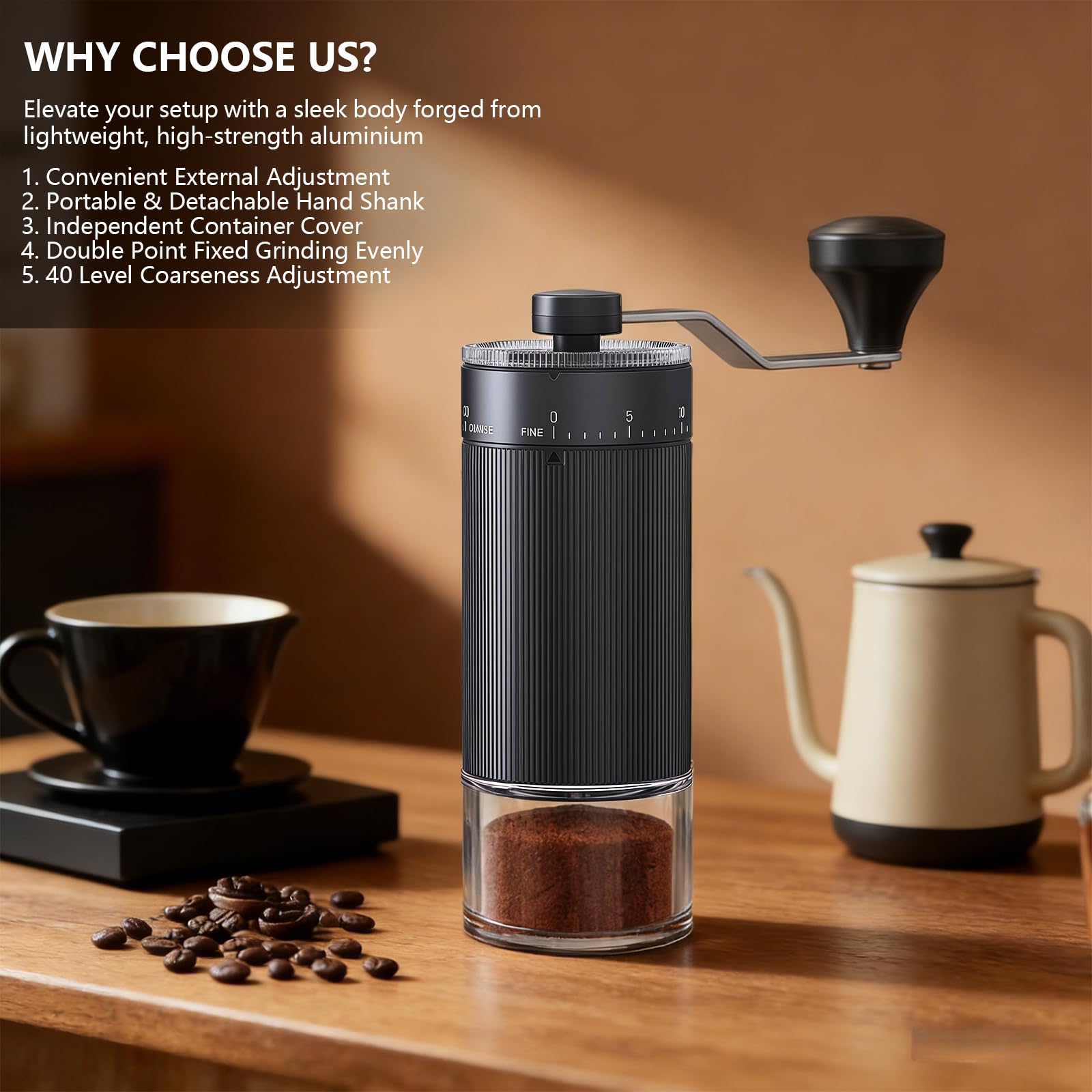 Coffee grinder on a wooden surface with coffee beans and a cup, featuring text about product features.