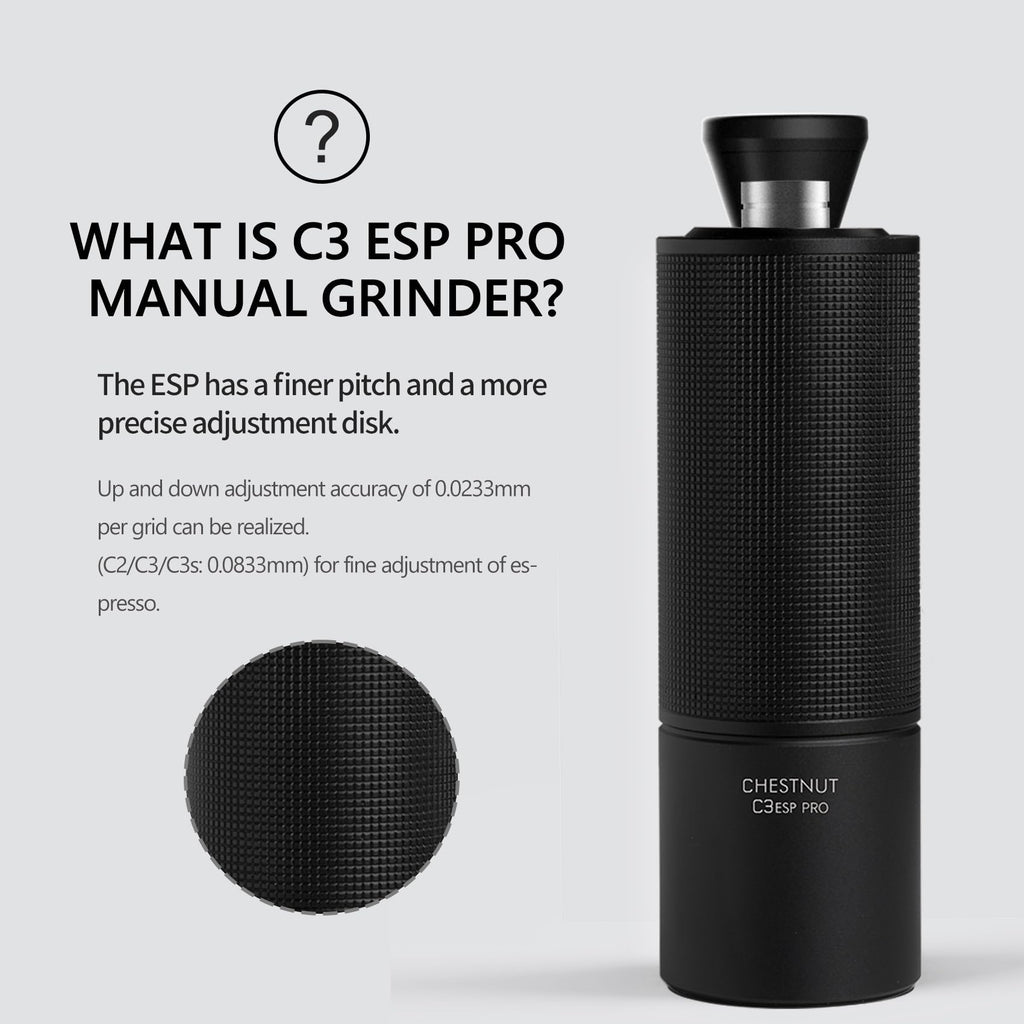 Black manual grinder with text explaining features on a light gray background