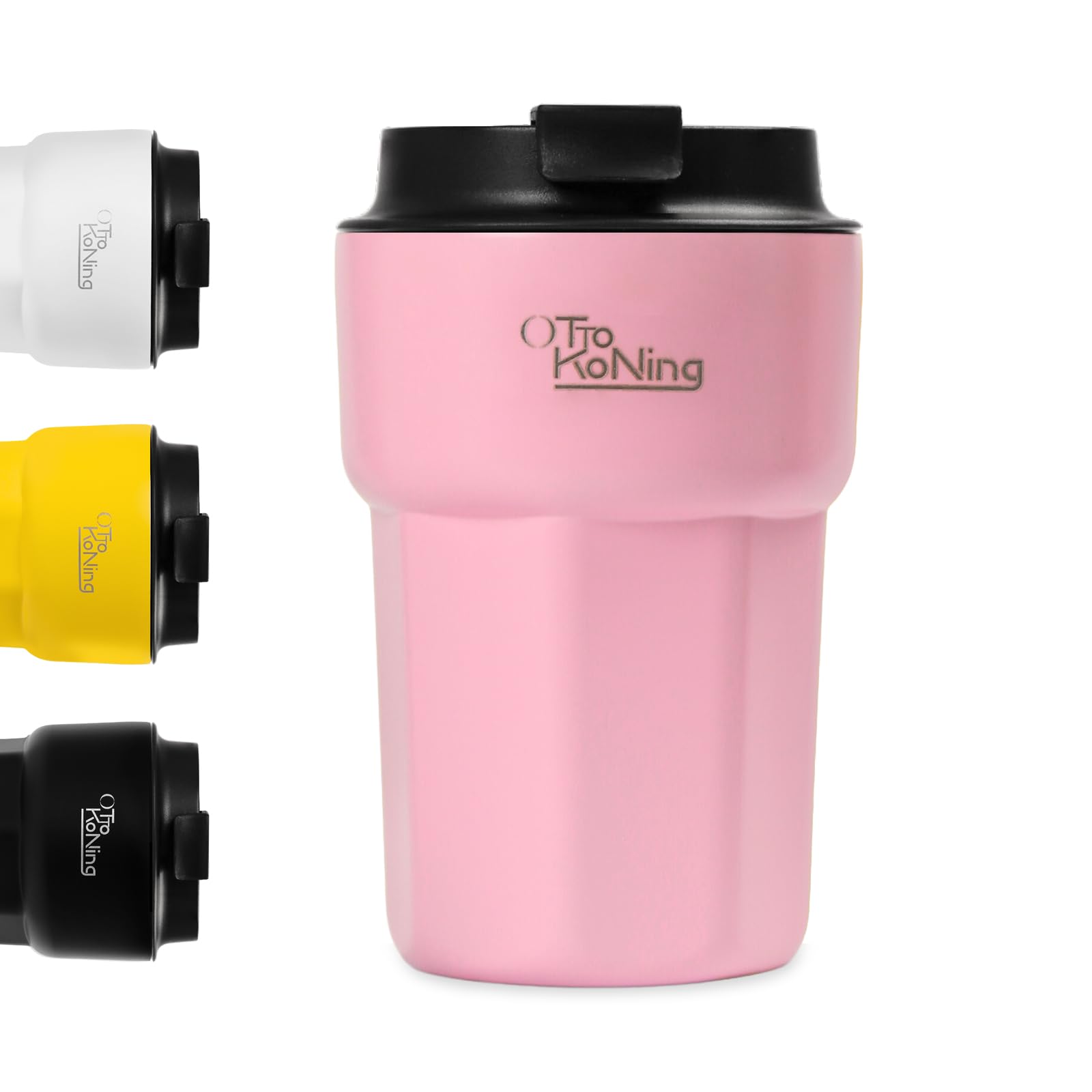 Pink travel mug with black lid and colorful silicone sleeve on a white background