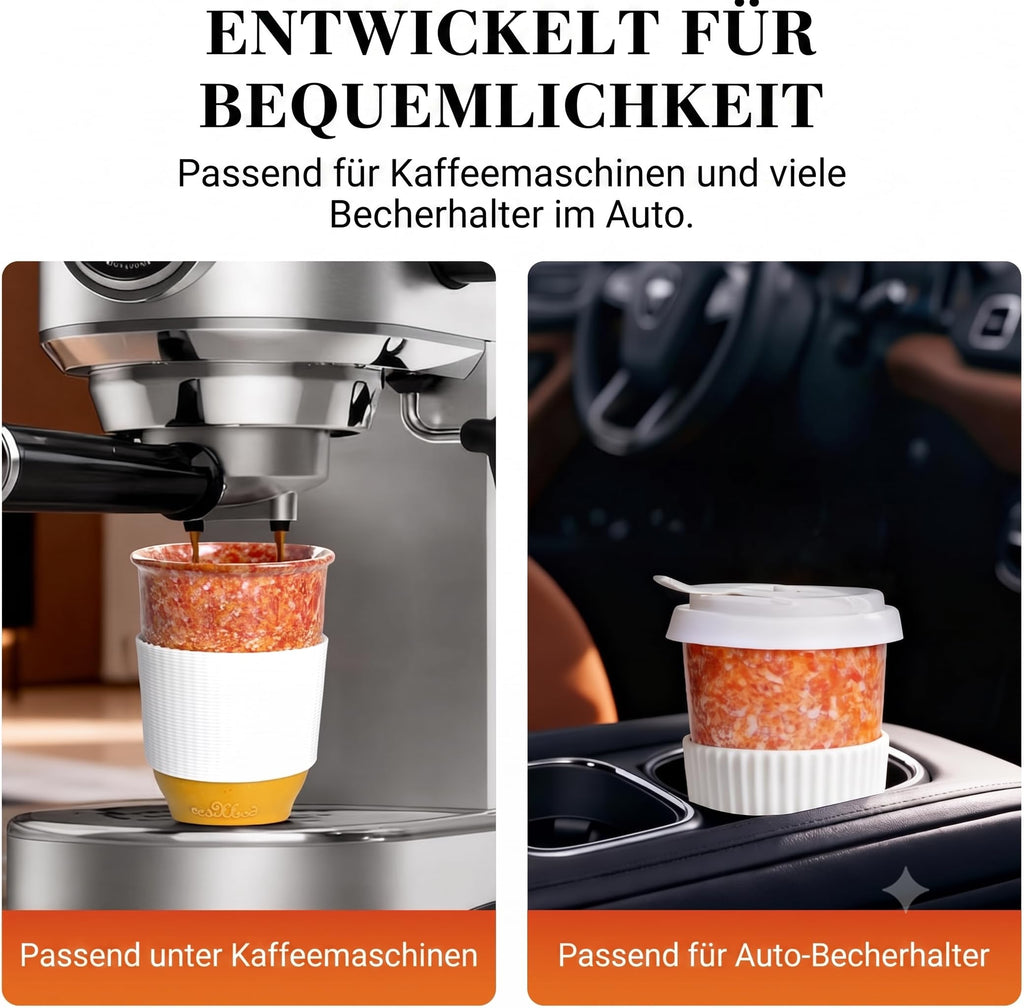 Promotional graphic in German showing a small cup with a lid and straw designed to fit under coffee machines and in a car cup holder. The left panel shows the cup under an espresso machine, and the right panel shows it in a car console.