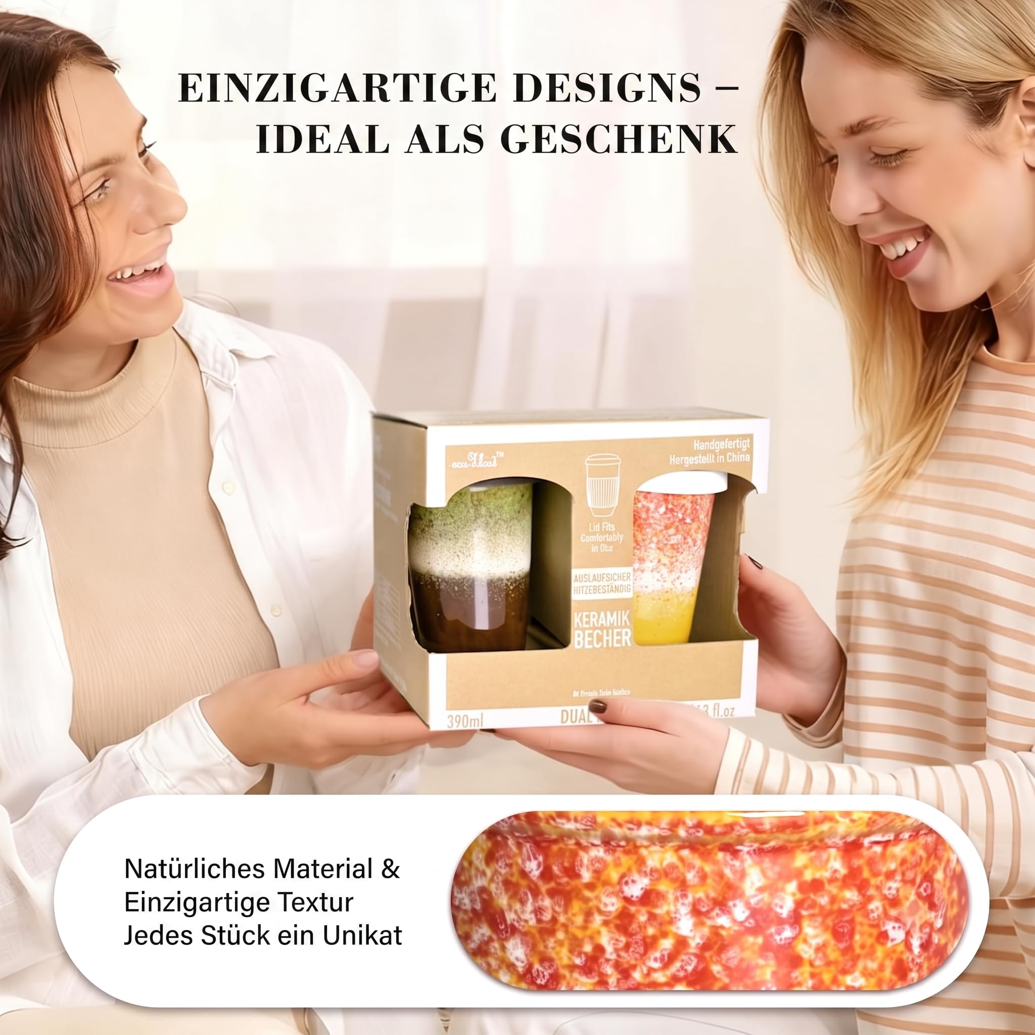 Two women holding a boxed set of ceramic drinkware in a bright indoor setting. The set includes a dark textured tumbler and a colorful tumbler with a printed design.