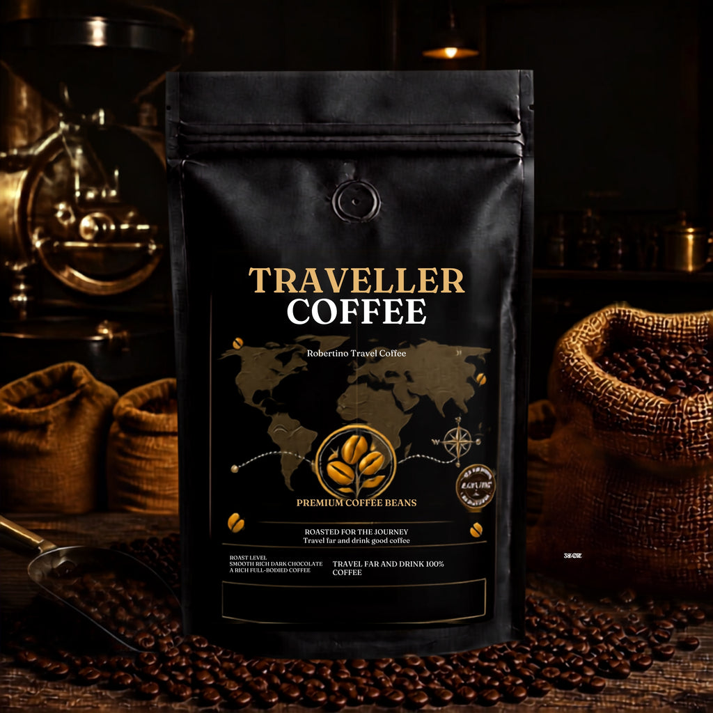 A black stand-up pouch of Traveller Coffee Premium Coffee Beans stands on a rustic wooden surface surrounded by scattered coffee beans, with burlap sacks and a coffee grinder blurred in the background.
