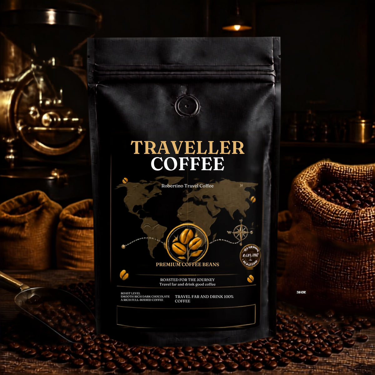 A black stand-up pouch of Traveller Coffee Premium Coffee Beans stands on a rustic wooden surface surrounded by scattered coffee beans, with burlap sacks and a coffee grinder blurred in the background.