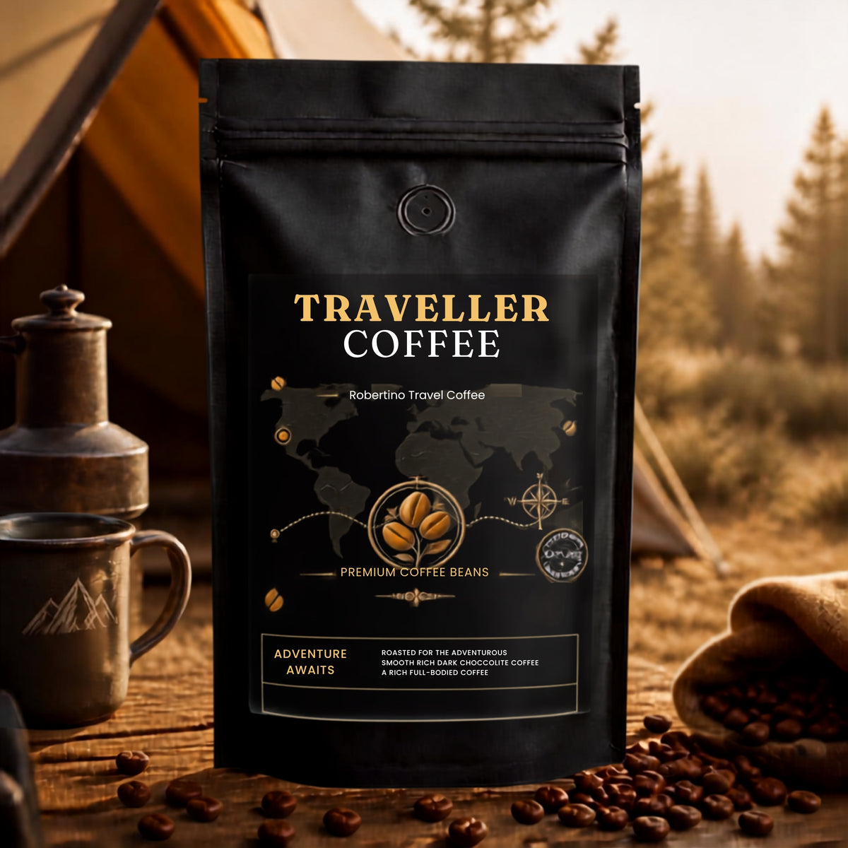 A black stand-up coffee bag labeled 'TRAVELLER COFFEE' stands on a wooden surface with scattered coffee beans, a metal mug, and a rustic outdoor camping scene in the background.