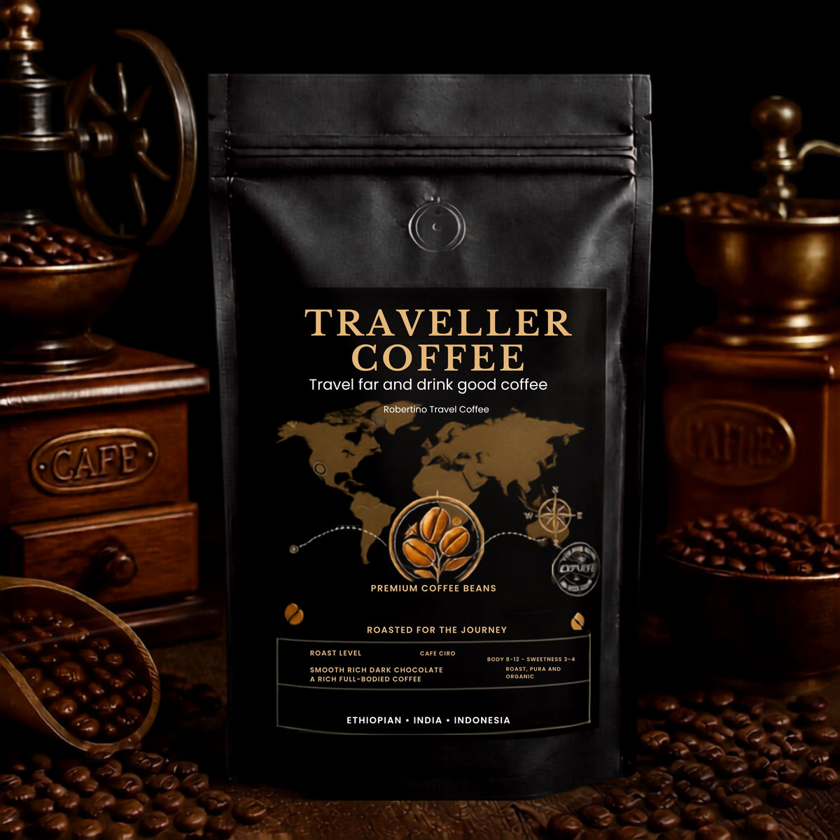 A black stand-up pouch of Traveller Coffee premium coffee beans stands centered on a dark surface with coffee beans around it and vintage-style coffee grinders in the background. The pouch label is black with gold and white text and graphics.