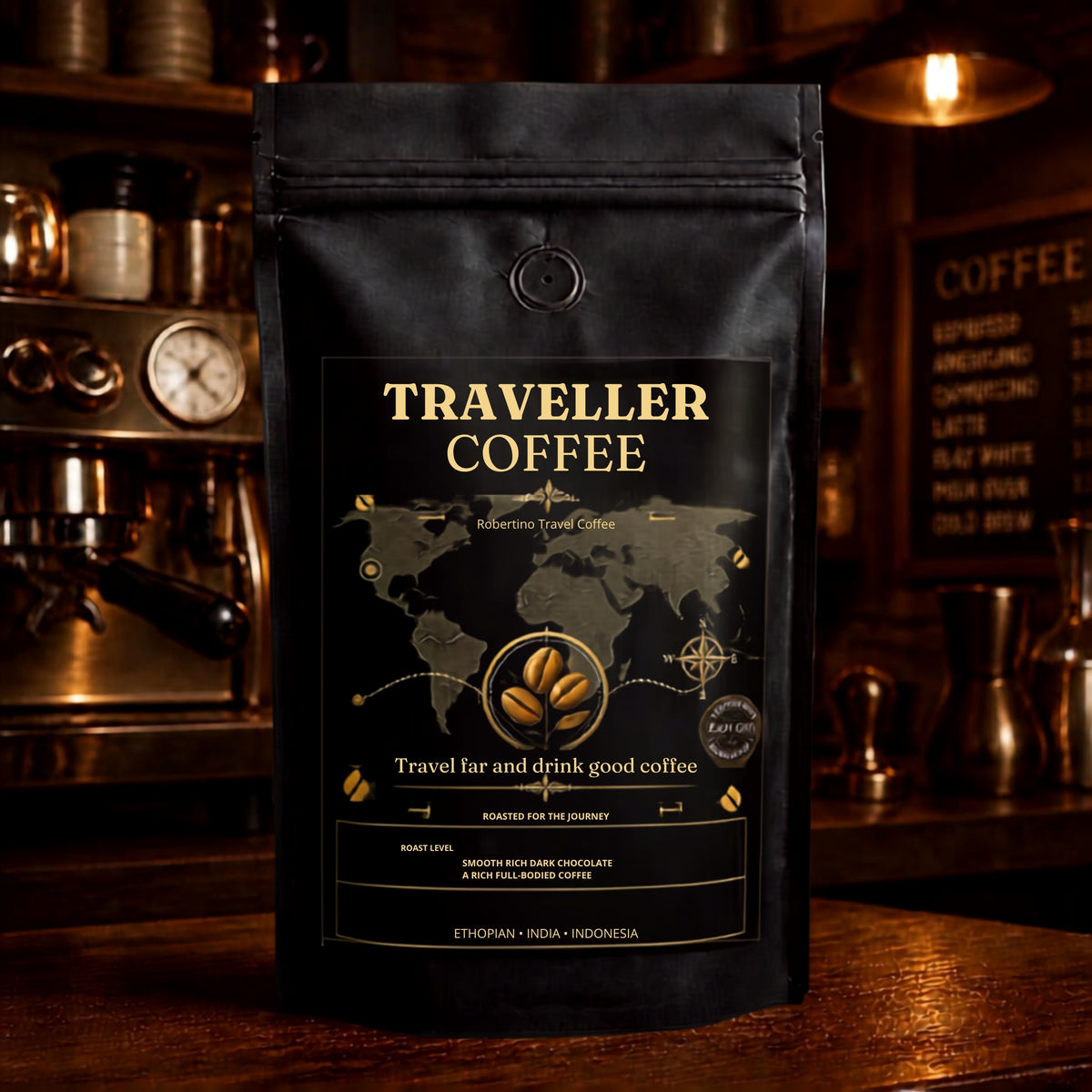 A black stand-up pouch of Traveller Coffee, Ethiopia x Indonesia, standing on a wooden counter in a warm, dimly lit coffee shop setting.