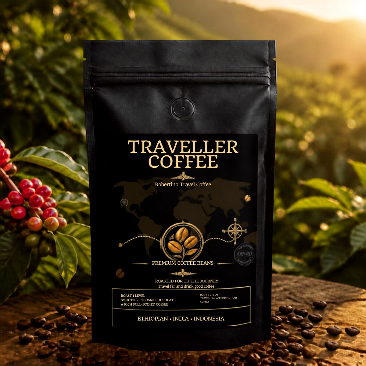 A black stand-up pouch of Traveller Coffee roasted for the journey, placed on a wooden surface with scattered coffee beans, set against a blurred outdoor coffee plantation background with red coffee cherries and warm sunlight.