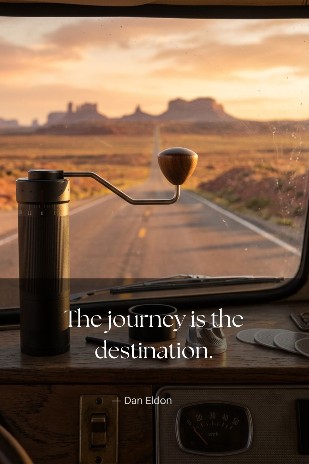 A vintage-style manual coffee grinder sits on a rustic wooden dashboard inside a vehicle, with a scenic desert road and rock formations visible through the windshield at sunset. White text across the center reads, 'The journey is the destination.