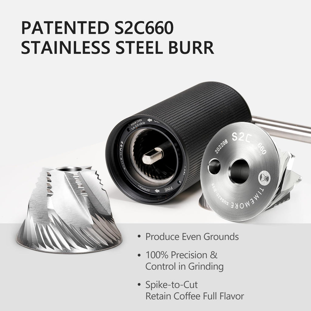 Patented S2C660 stainless steel burr on a white background with text highlighting features.