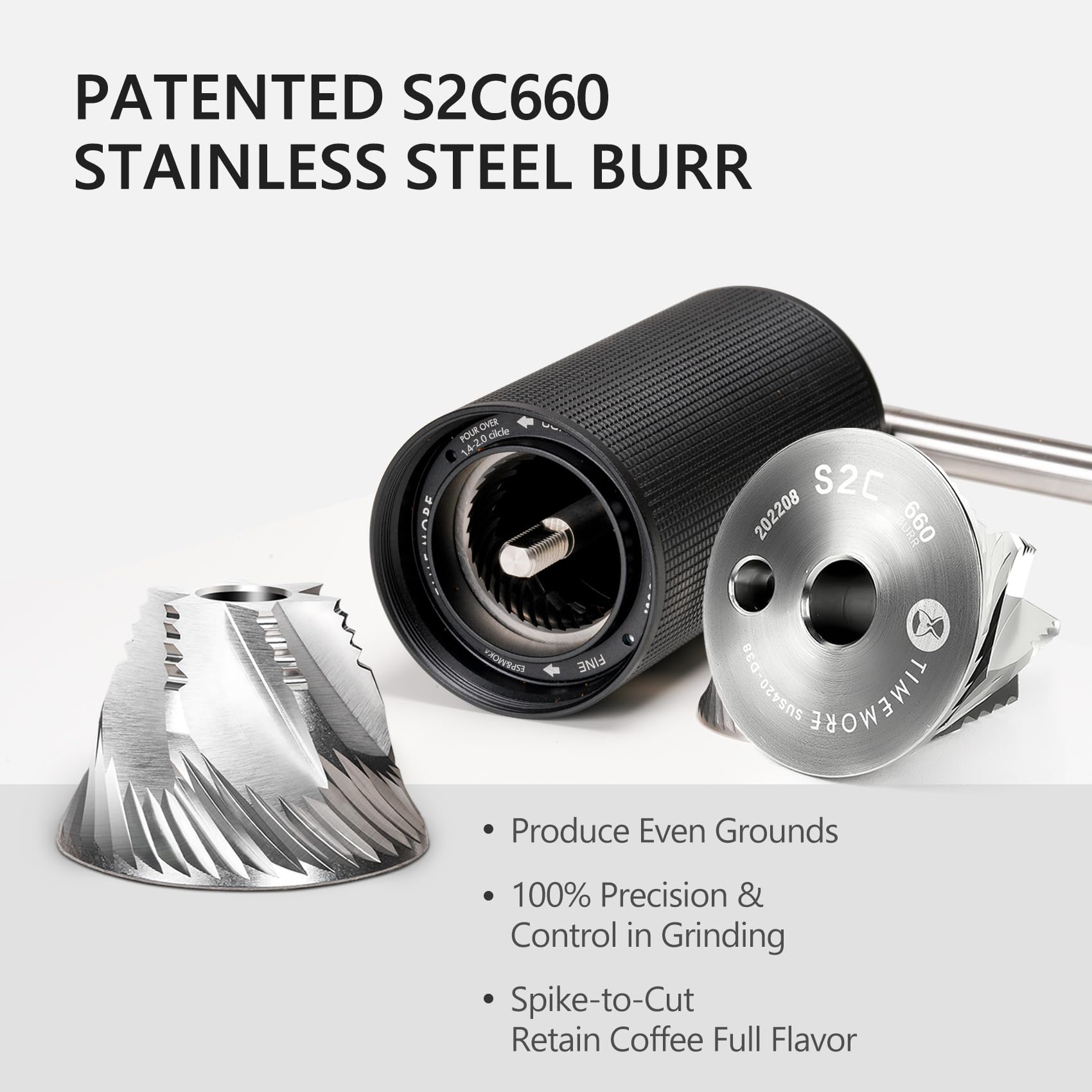 Patented S2C660 stainless steel burr on a white background with text highlighting features.