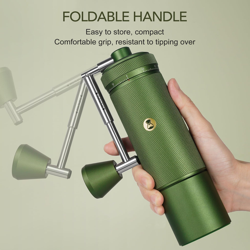 Green portable device with foldable handle held by a hand on a beige background