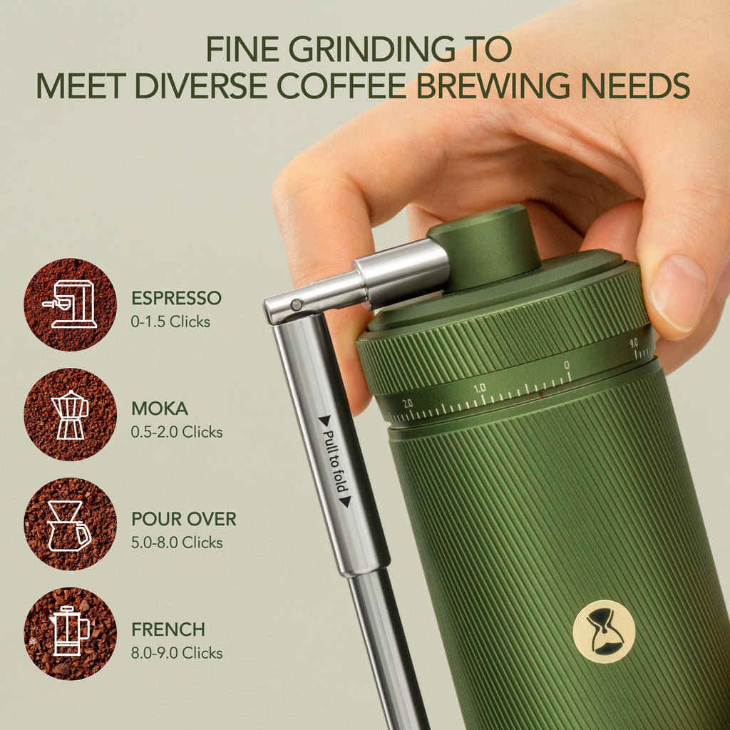 A hand holds a green manual coffee grinder with a metal pull tab, shown against a light beige background with text and icons explaining grind settings for espresso, Moka, pour over, and French press.