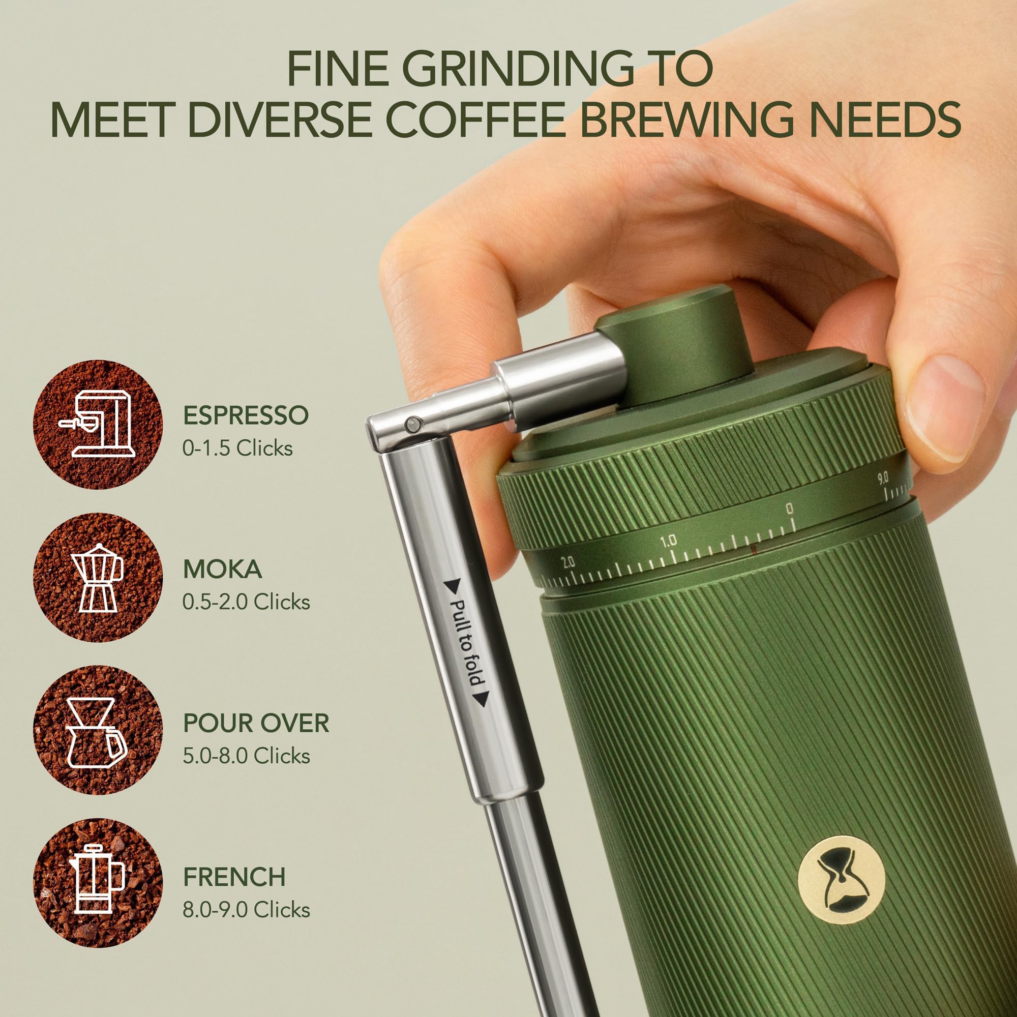 A hand holds a green manual coffee grinder with a metal pull tab, shown against a light beige background with text and icons explaining grind settings for espresso, Moka, pour over, and French press.