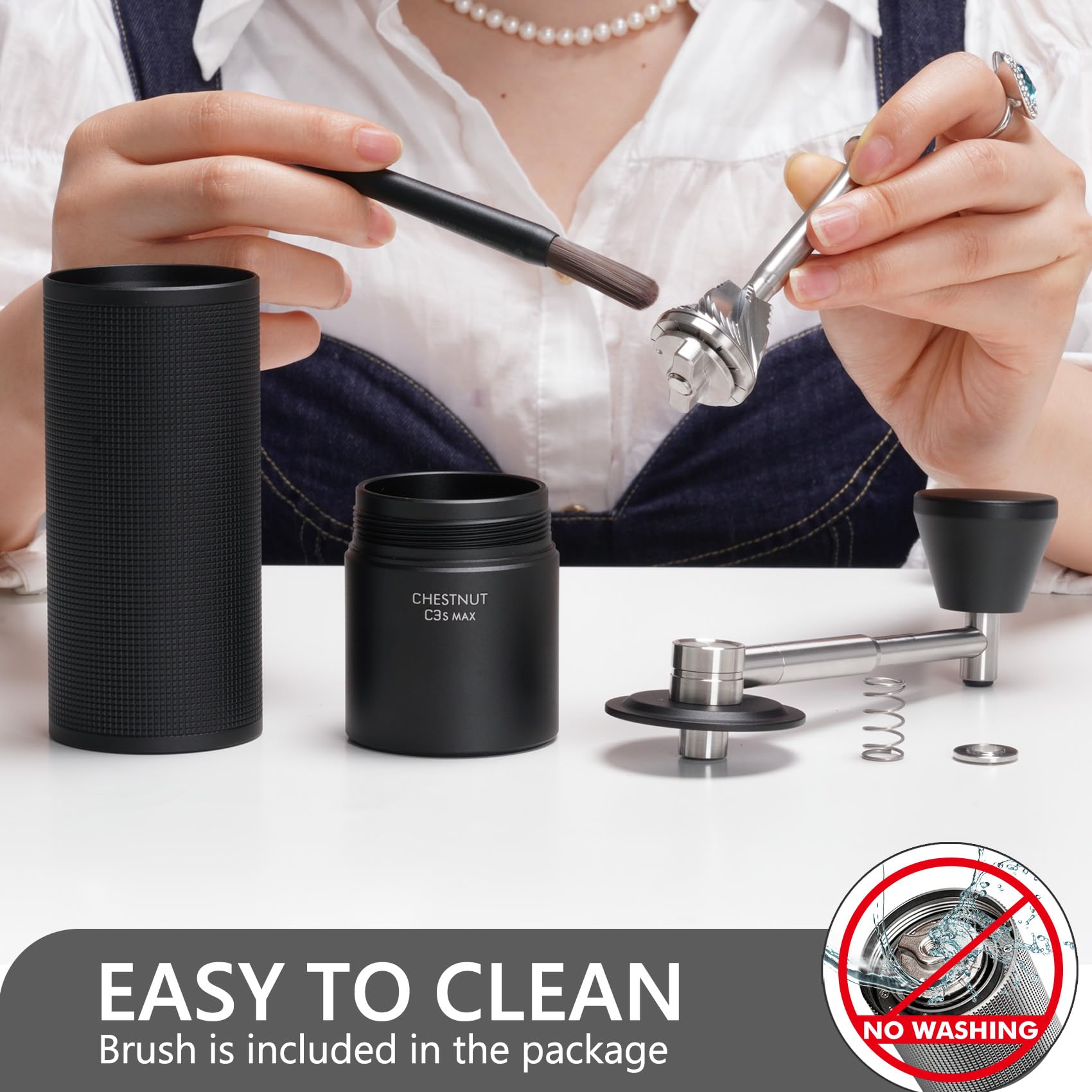 Person cleaning a coffee grinder with a brush, showing 'Easy to Clean' feature.